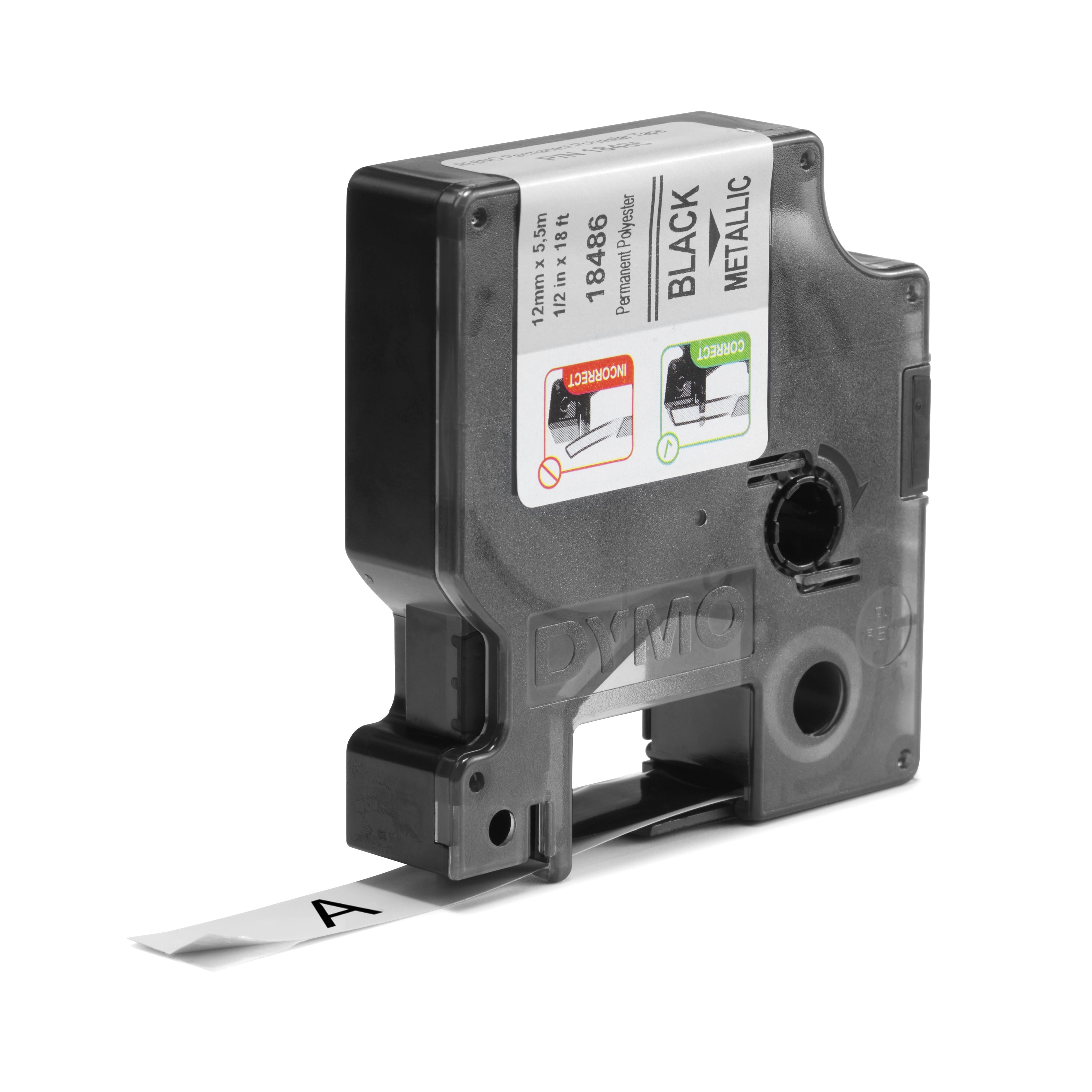 DYMO Rhino Etiquette indus. Polyester permanent 12mm x 5,5m noir/métallique