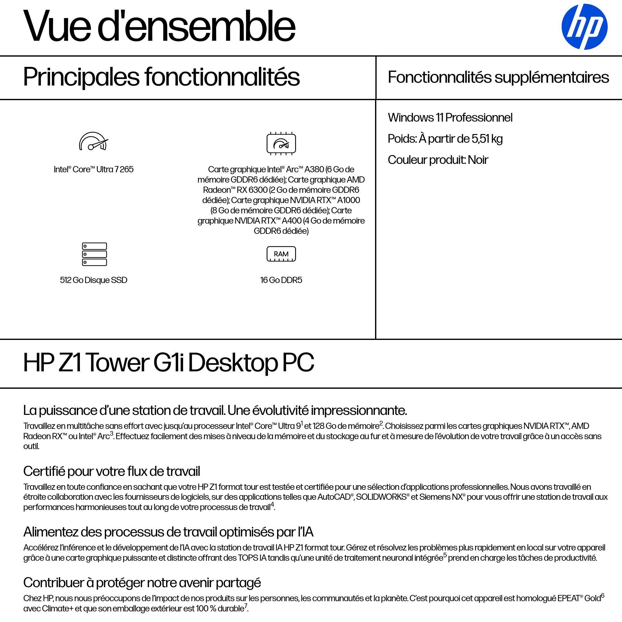 HP Z1 G1i Intel Core Ultra 7 265 16Go 512Go W11P 3/3/3 Smartbuy