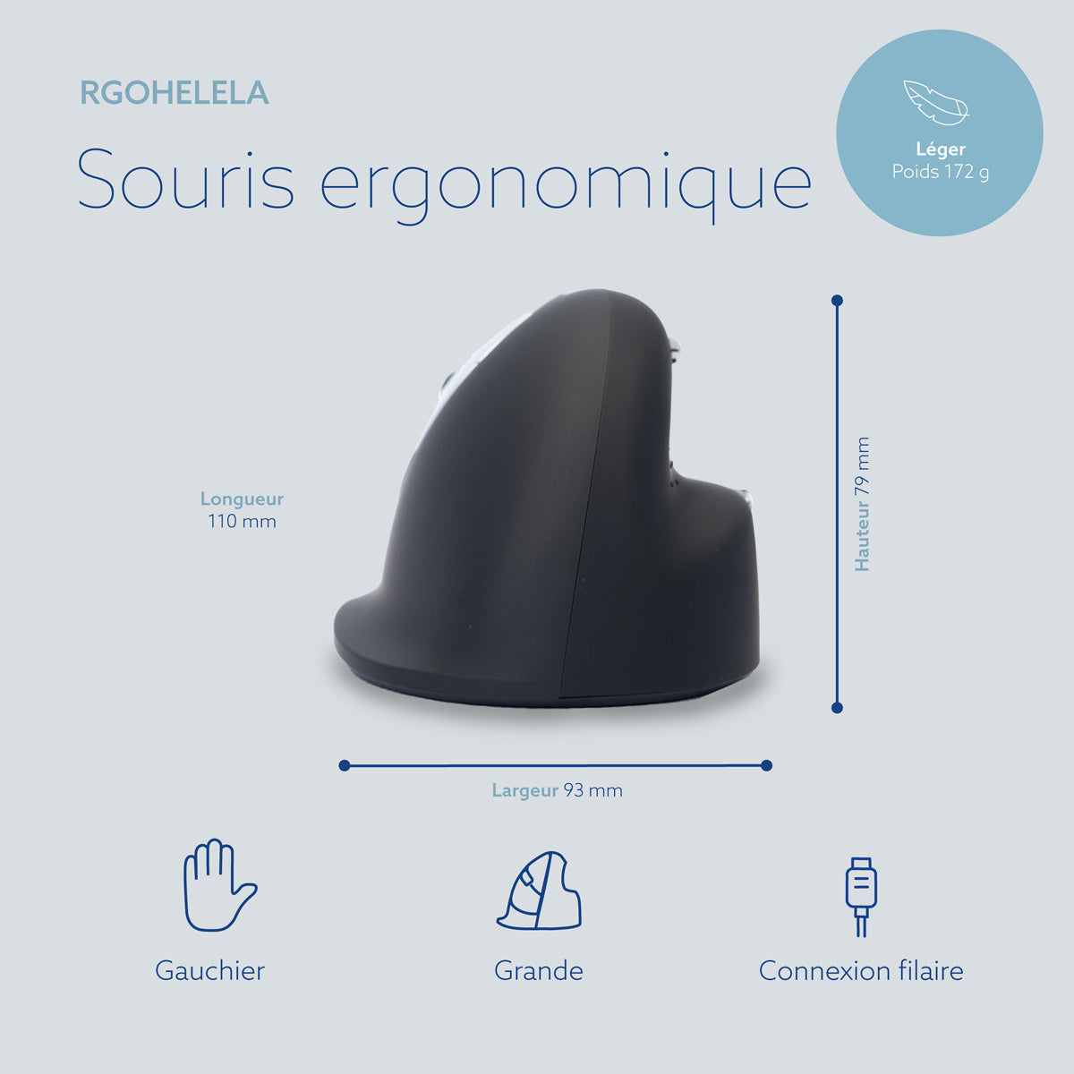 R-GO TOOL Souris HE Break, gaucher, filaire, L noire