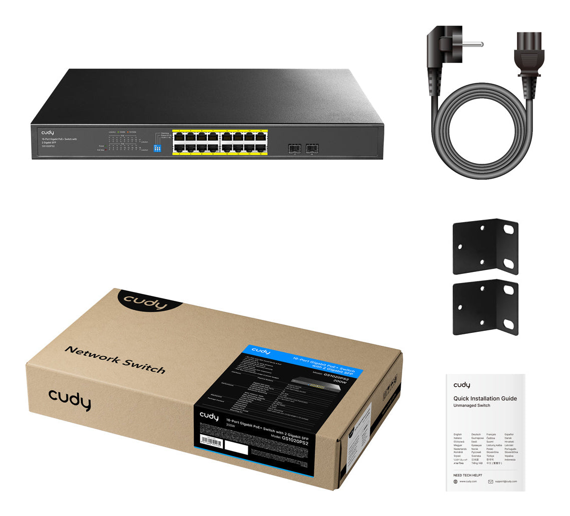 Cudy GS1020PS2 commutateur réseau Non-géré Gigabit Ethernet (10/100/1000) Connexion Ethernet, supportant l'alimentation via ce port (PoE) Noir