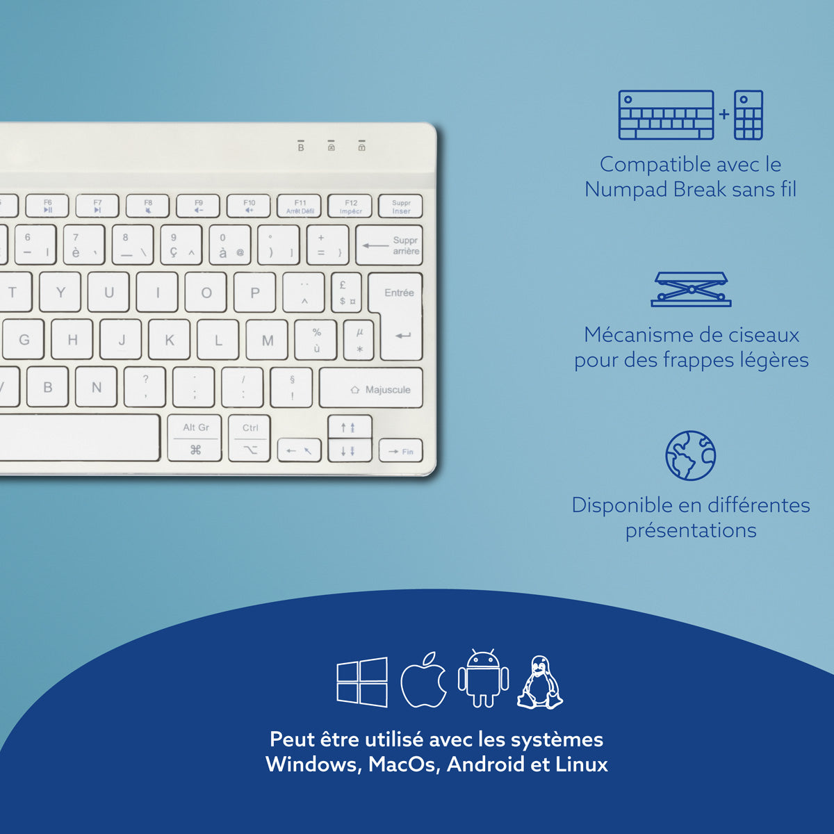 R-GO TOOLS Clavier Ergo Compact Break, Bluetooth blanc/arg