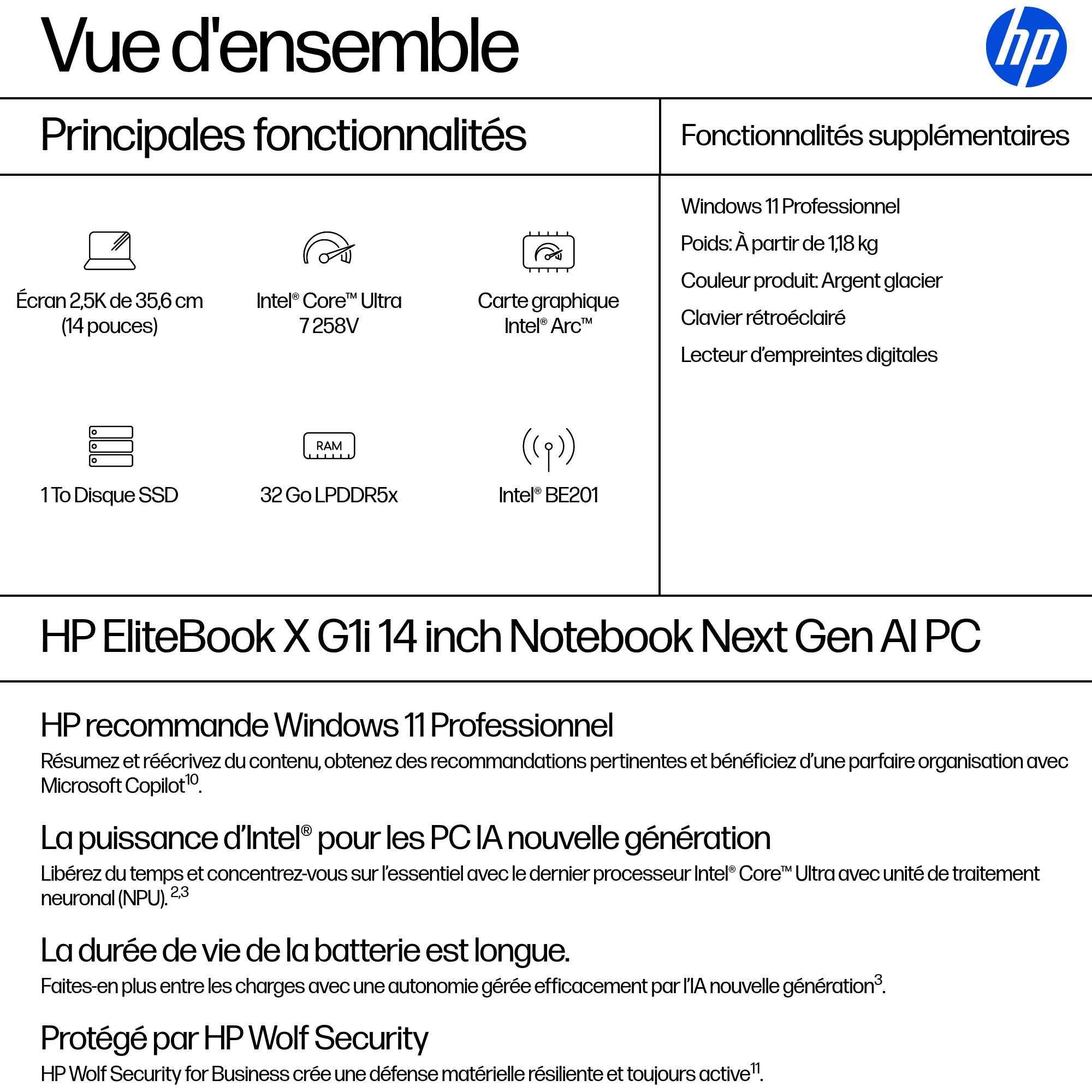 HP EliteBook X G1i AI Intel Core Ultra 7 258V 14p 2.5K 32Go 1To SSD UMA W11P 1yr Wrty