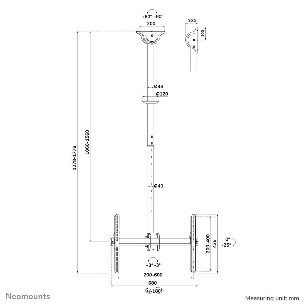 NEOMOUNTS CL35-440BL16L Support de plafond pour écran de 37-70p - h 106-156 cm