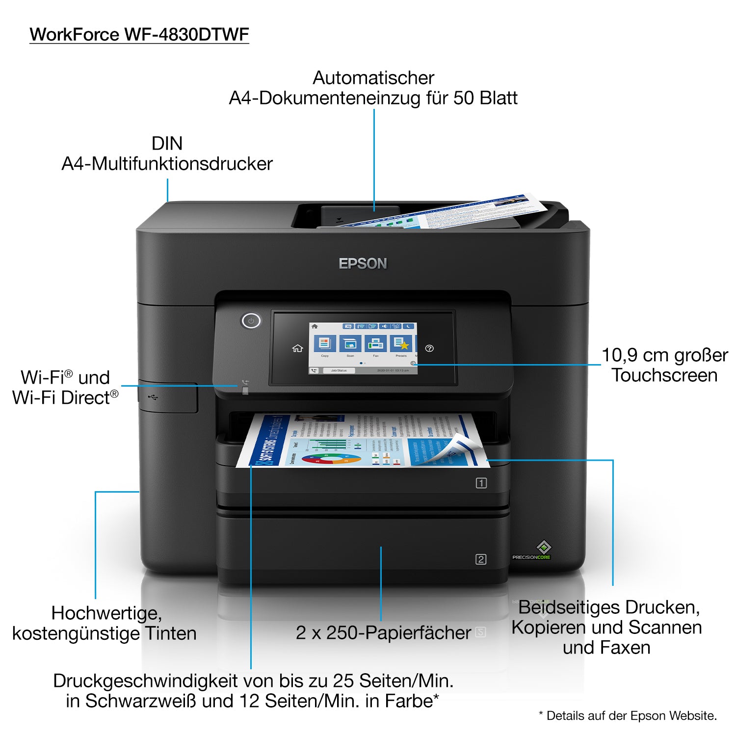 EPSON WorkForce Pro WF-4830DTWF MFP colour ink-jet A4 25ppm print 500 sheets USB 2.0 LAN Wi-Fi USB host NFC