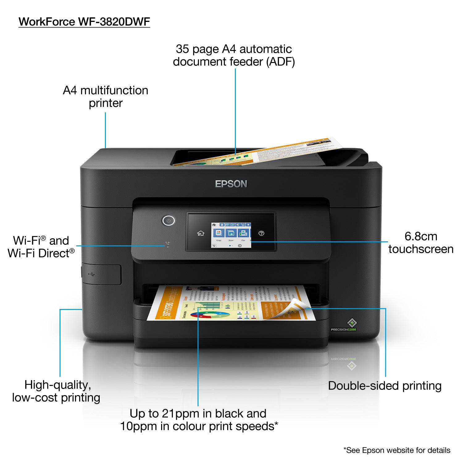 EPSON WorkForce Pro WF-3820DWF MFP colour ink-jet A4 21ppm print 250 sheets USB 2.0 LAN Wi-Fi USB host