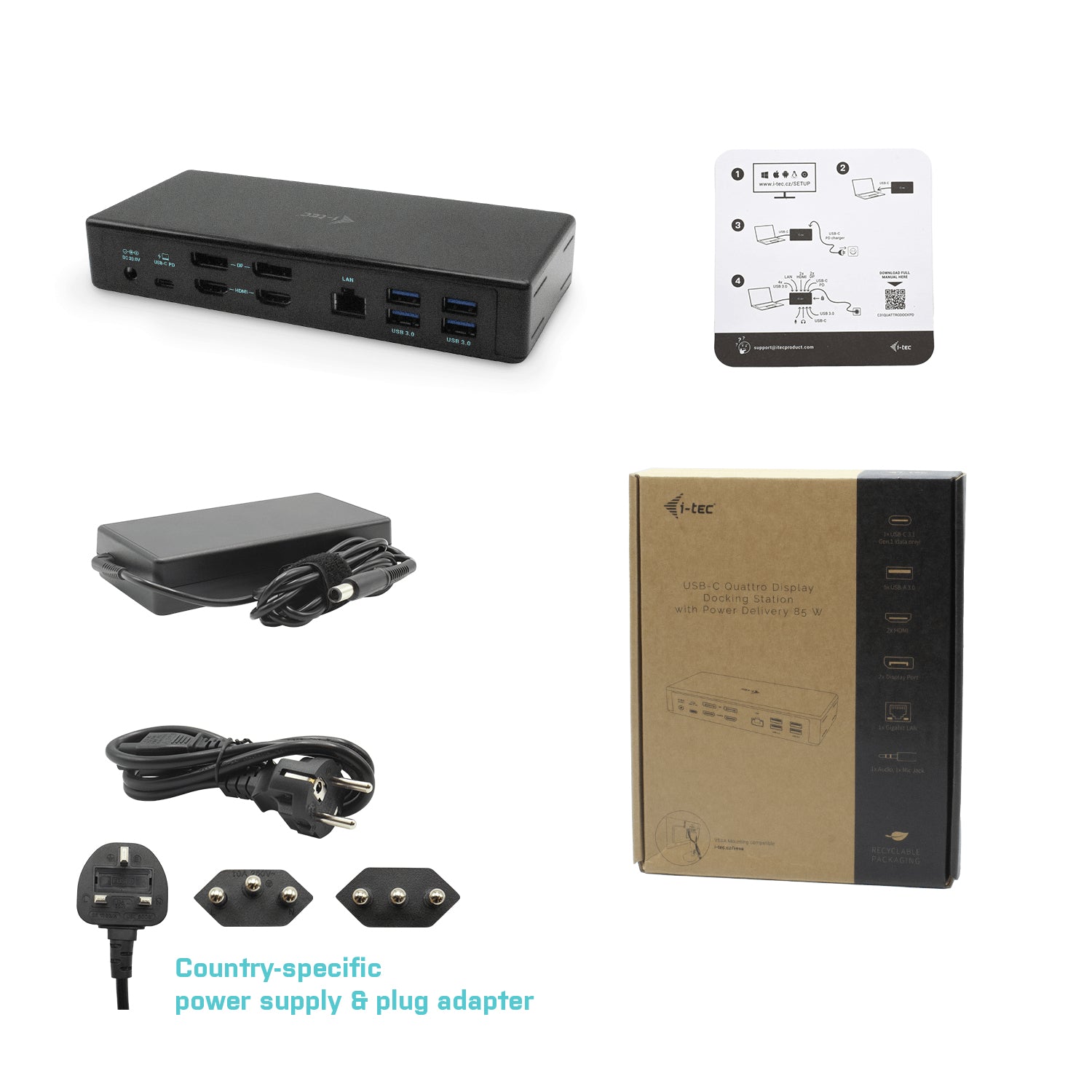 I-TEC USB-C Quattro Display Docking Station 2xDP 2xHDMI 1xGLAN 5xUSB 3.0 1xUSB-C-Data 1xAudio 1xMic 85W PD KL