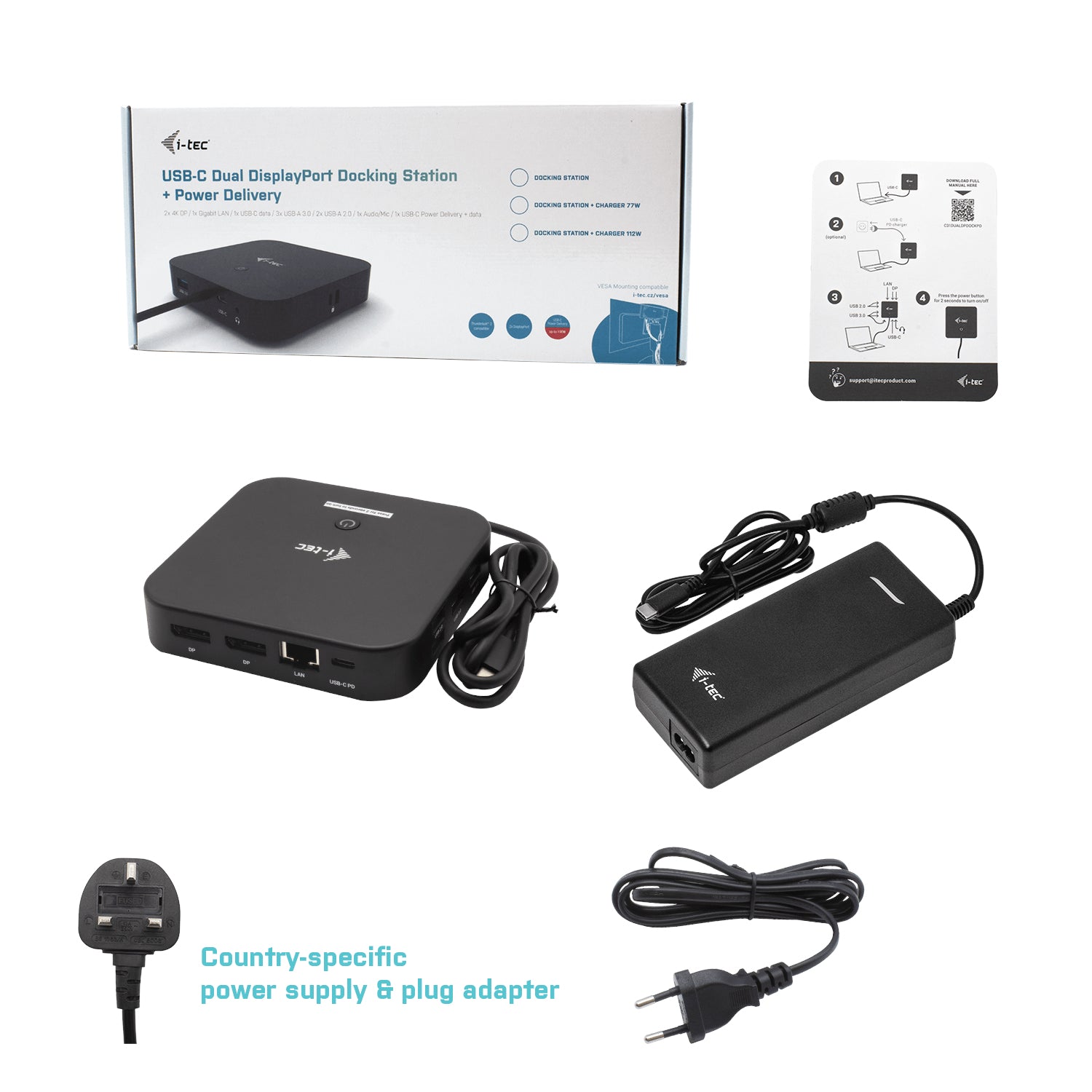 I-TEC USB-C Dual Display MST DS 2xDP 1xGLAN 3xUSB 3.1 2xUSB 2.0 1xUSB-C-DatA 1xAudio/Mic Jack 1x100W USB-C PD + Charger 112W