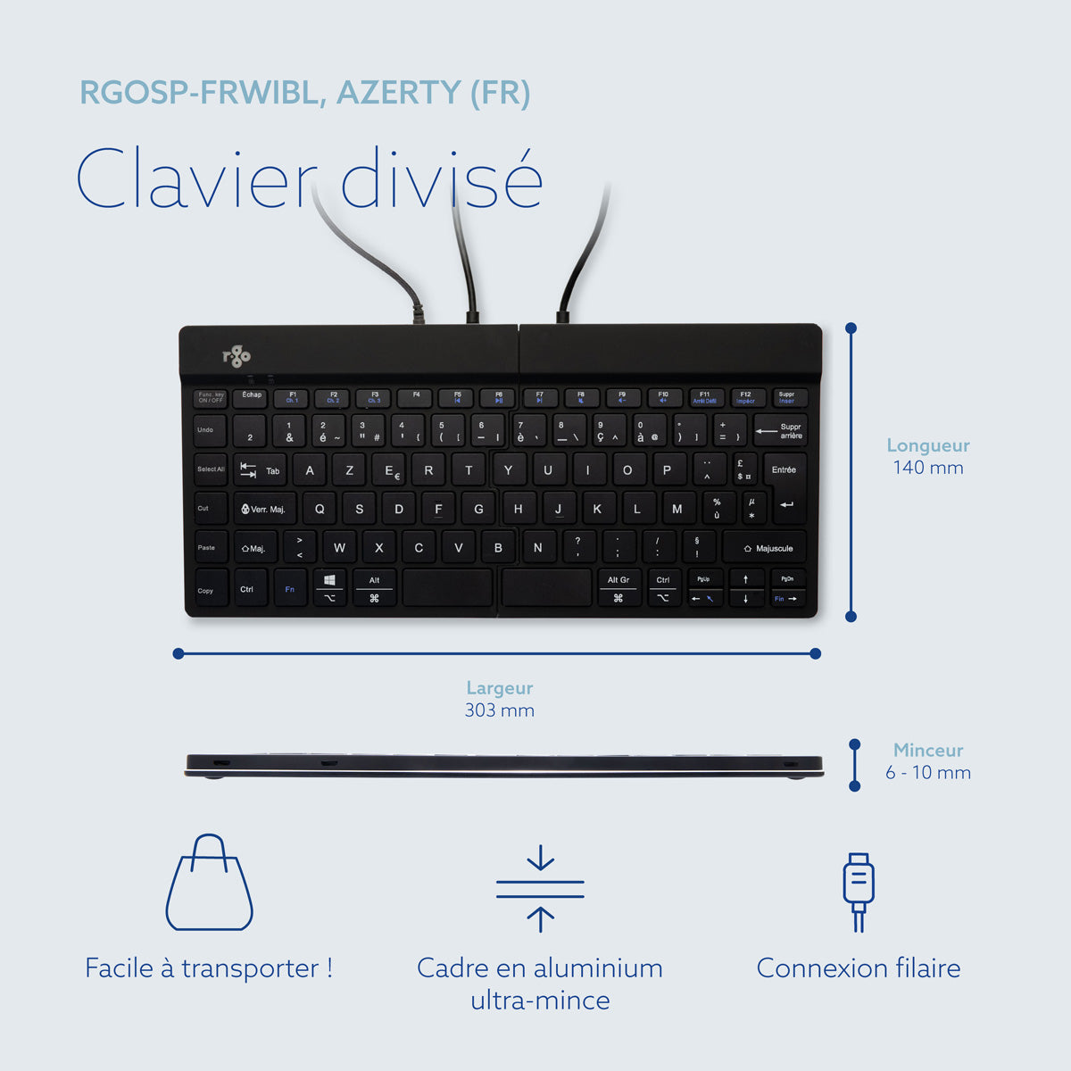 R-GO TOOLS Clavier ergo Split Break v2, divisé, filaire noir