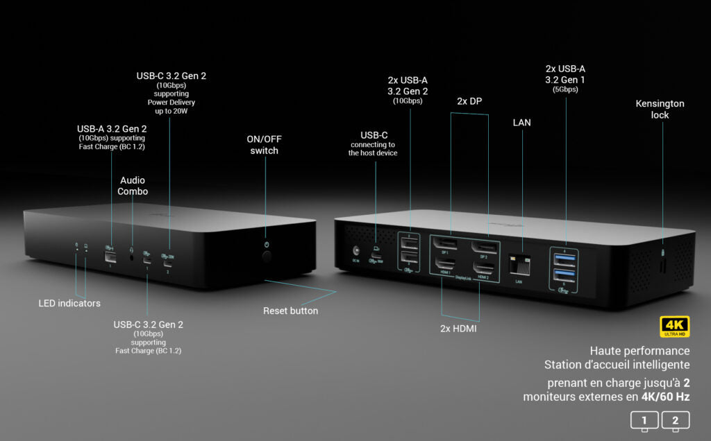 I-TEC Universal Intelligent Dual Display DS 2xHDMI 2xDP 1xGLAN 2xUSB-C Gen2 3xUSB-A Gen2 2xUSB-A Gen1 1xAudio/Mic PD100W KL