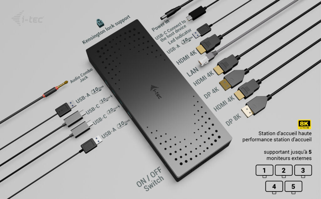 I-TEC Universal 5x 4K Display DS 5x 4K 2x DP 3x HDMI 1x 2.5GLAN 2x USB-C Gen.2 3x USB 3.2 Gen.2 1x Audio/Mic Jack PD 100W KL