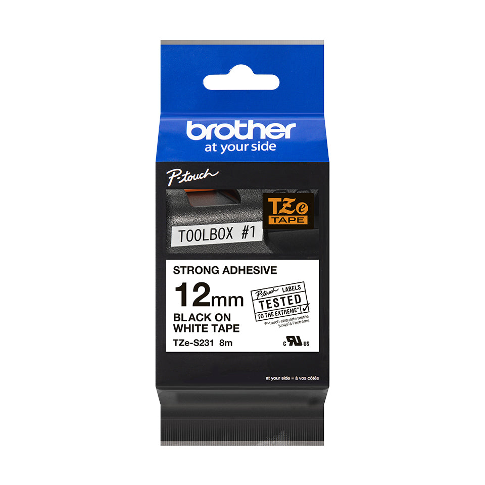 BROTHER P-TOUCH TZE-S231 noir sur blanc 12mm extra gluey