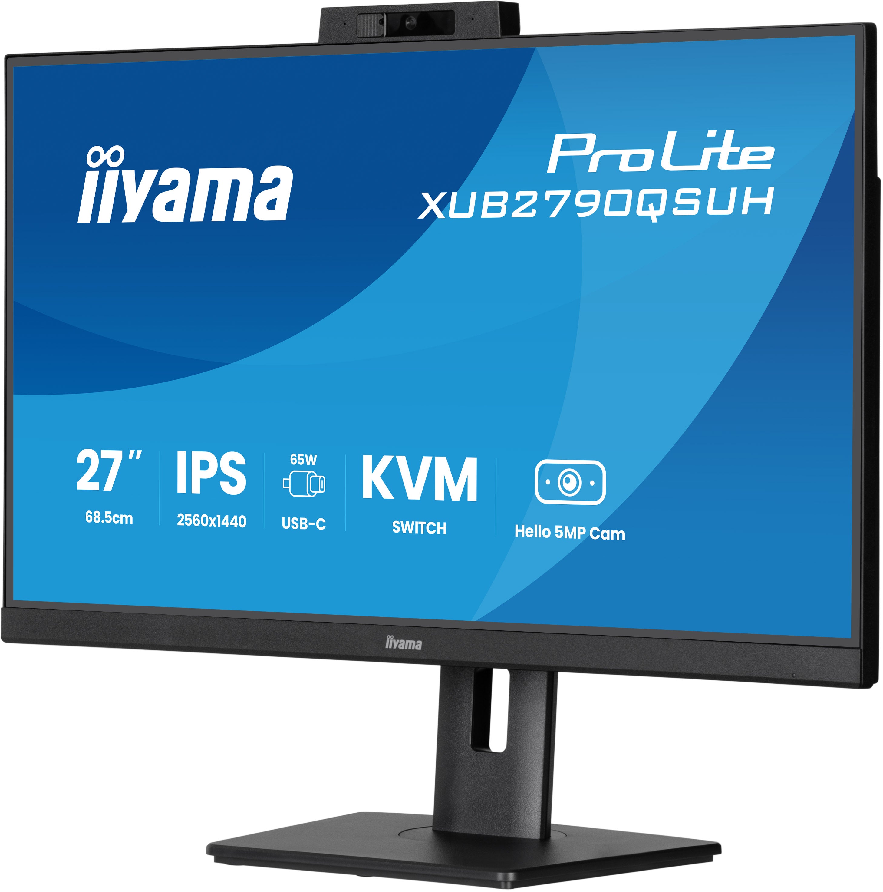 iiyama XUB2790QSUH-B2 27 pouces IPS-panel 2560x1440 100Hz Windows Hello Webcam 5MP Mise au point automatique Support réglable en hauteur 15cm 4ms 250
