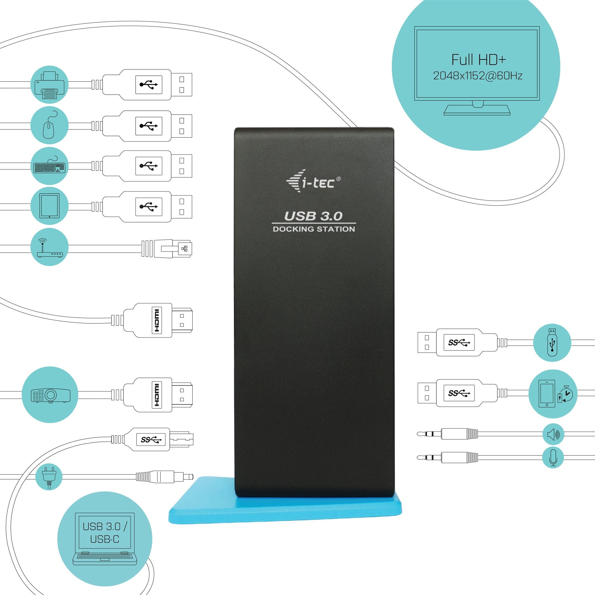 I-TEC USB 3.0/USB-C Dual HDMI Docking Station 2xHDMI 1xGLAN 2xUSB 3.0 4xUSB 2.0 1xAudio 1xMic