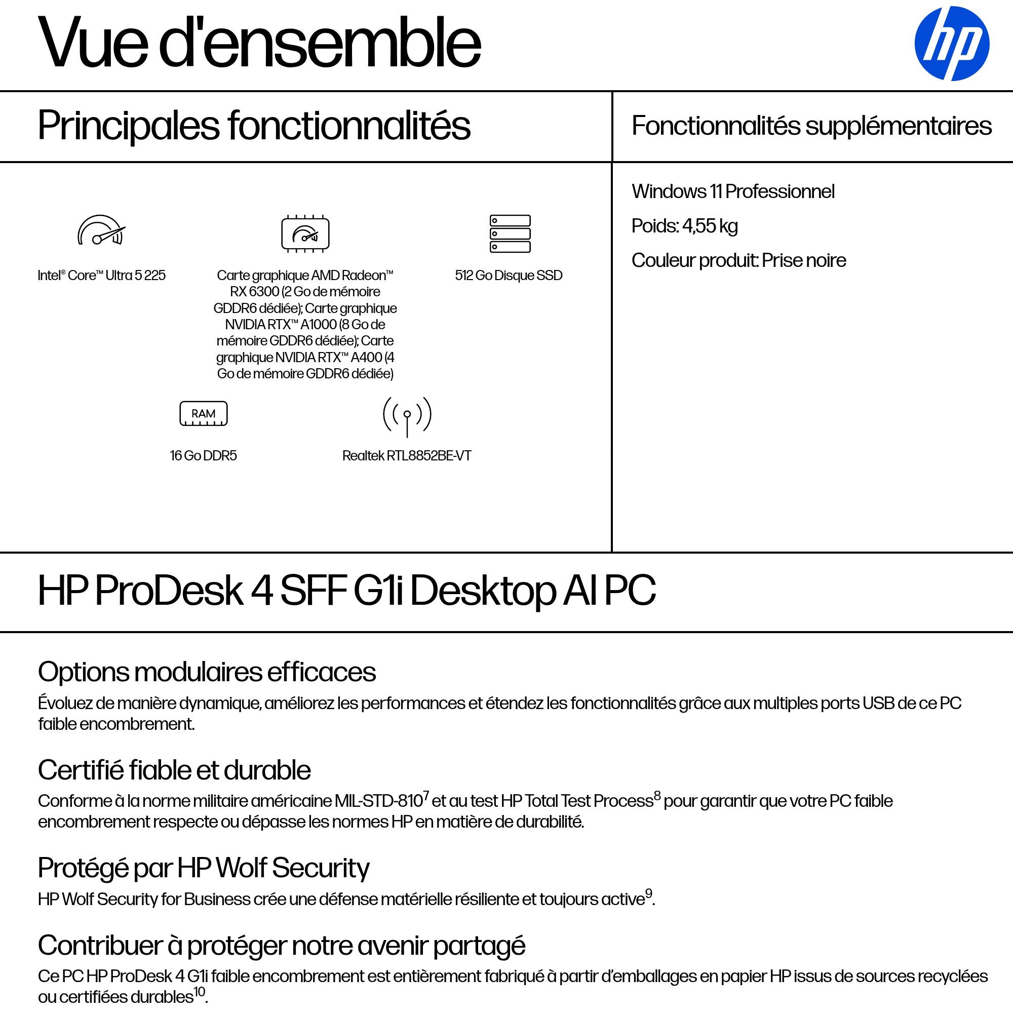 HP Pro SFF 400 G1i Intel Core Ultra 5 225 16Go 512Go SSD UMA W11P 3/3/3 Ordinateur bureau Smartbuy