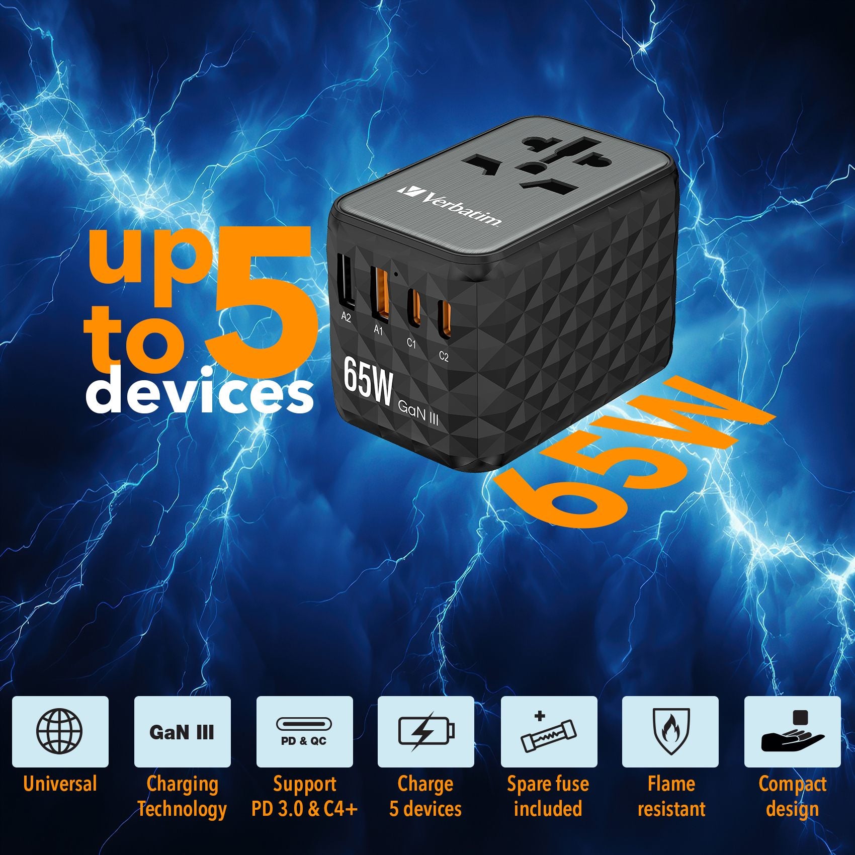 VERBATIM GAN III UNIVERSAL TRAVEL ADAPTER UTA-05 WITH 2 X USB-C PD 65W & QC 4+ / 2 X USB-A WCF (P)