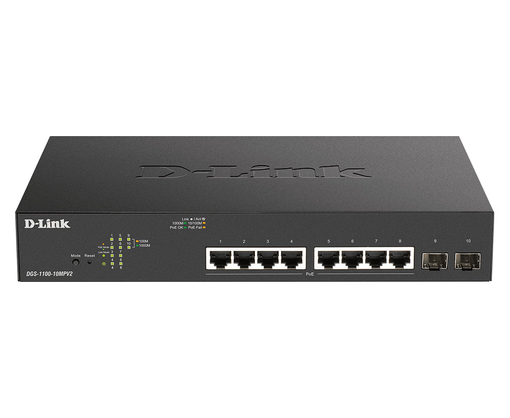 D-Link DGS-1100-10MPV2 commutateur réseau Géré Gigabit Ethernet (10/100/1000) Connexion Ethernet, supportant l'alimentation via ce port (PoE) 1U Noir