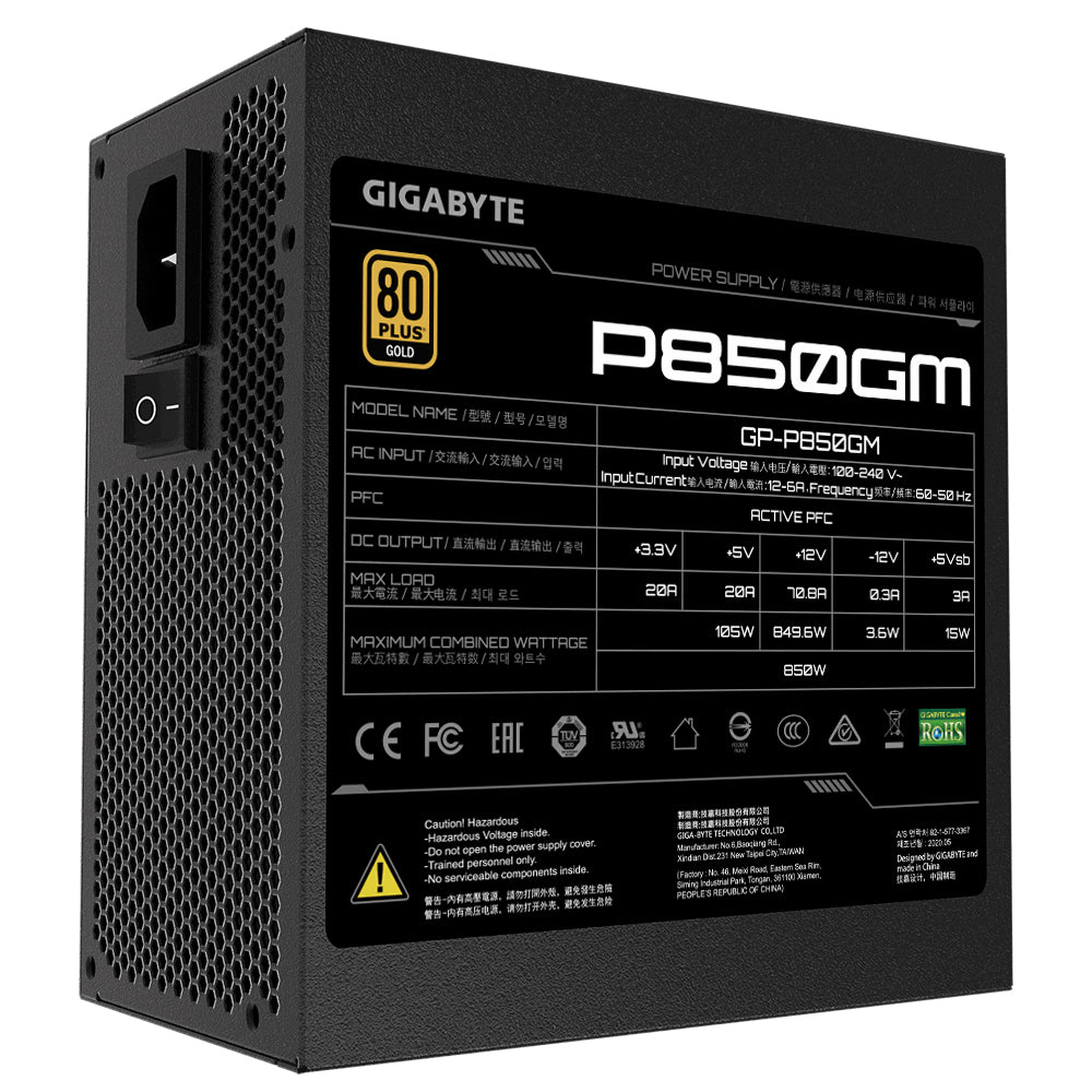 Gigabyte P850GM - 850 W - 100 - 240 V - 50 - 60 Hz - 12 A - 6 A - Actif