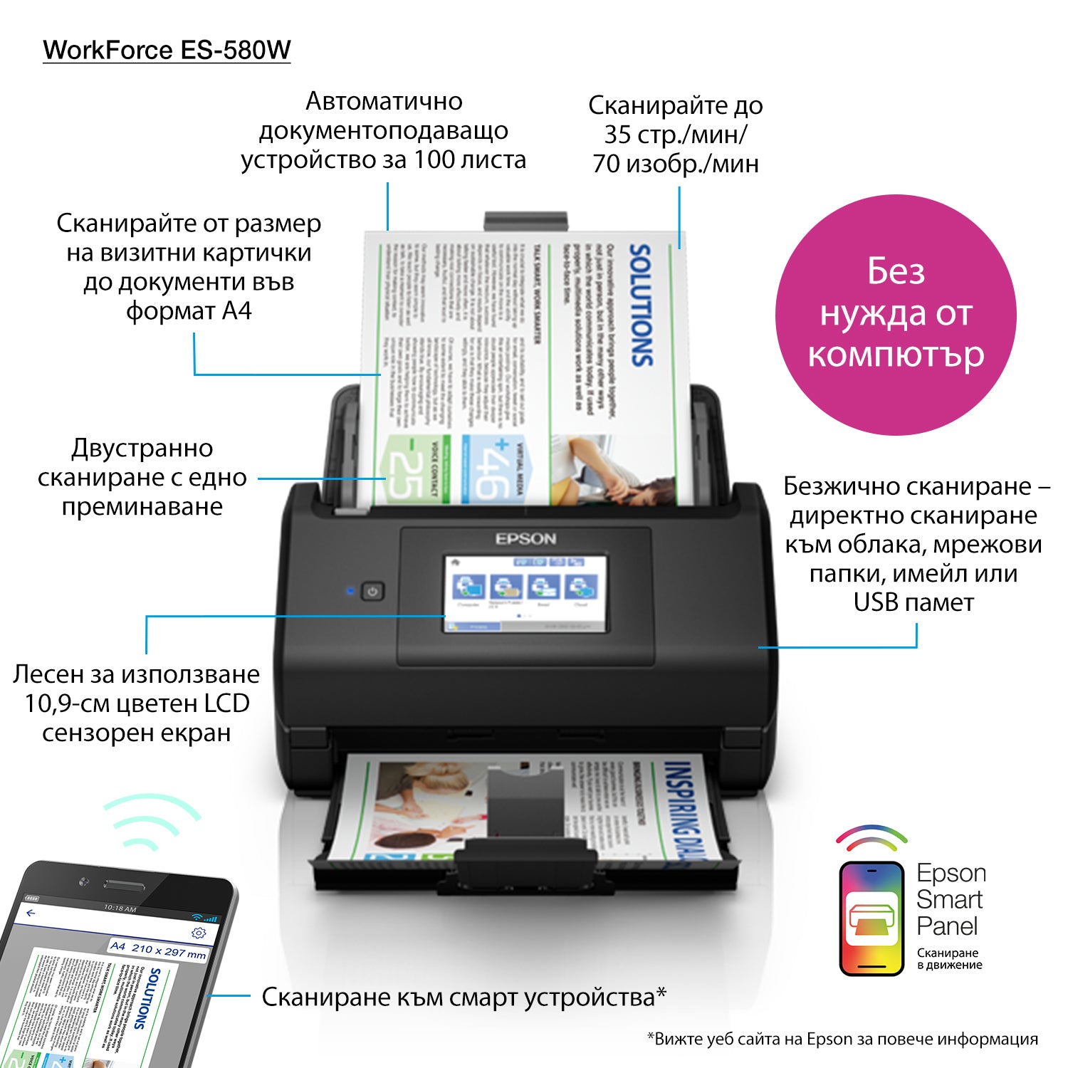 EPSON WorkForce ES-580W Document scanner Contact Image Sensor CIS Duplex 600x600dpi 35ppm ADF 100sheets 4000scans/d USB Wi-Fi