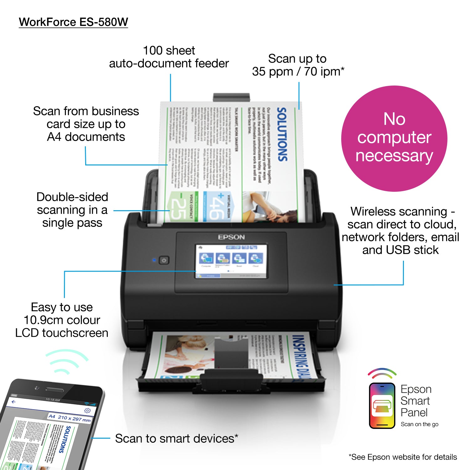 EPSON WorkForce ES-580W Document scanner Contact Image Sensor CIS Duplex 600x600dpi 35ppm ADF 100sheets 4000scans/d USB Wi-Fi