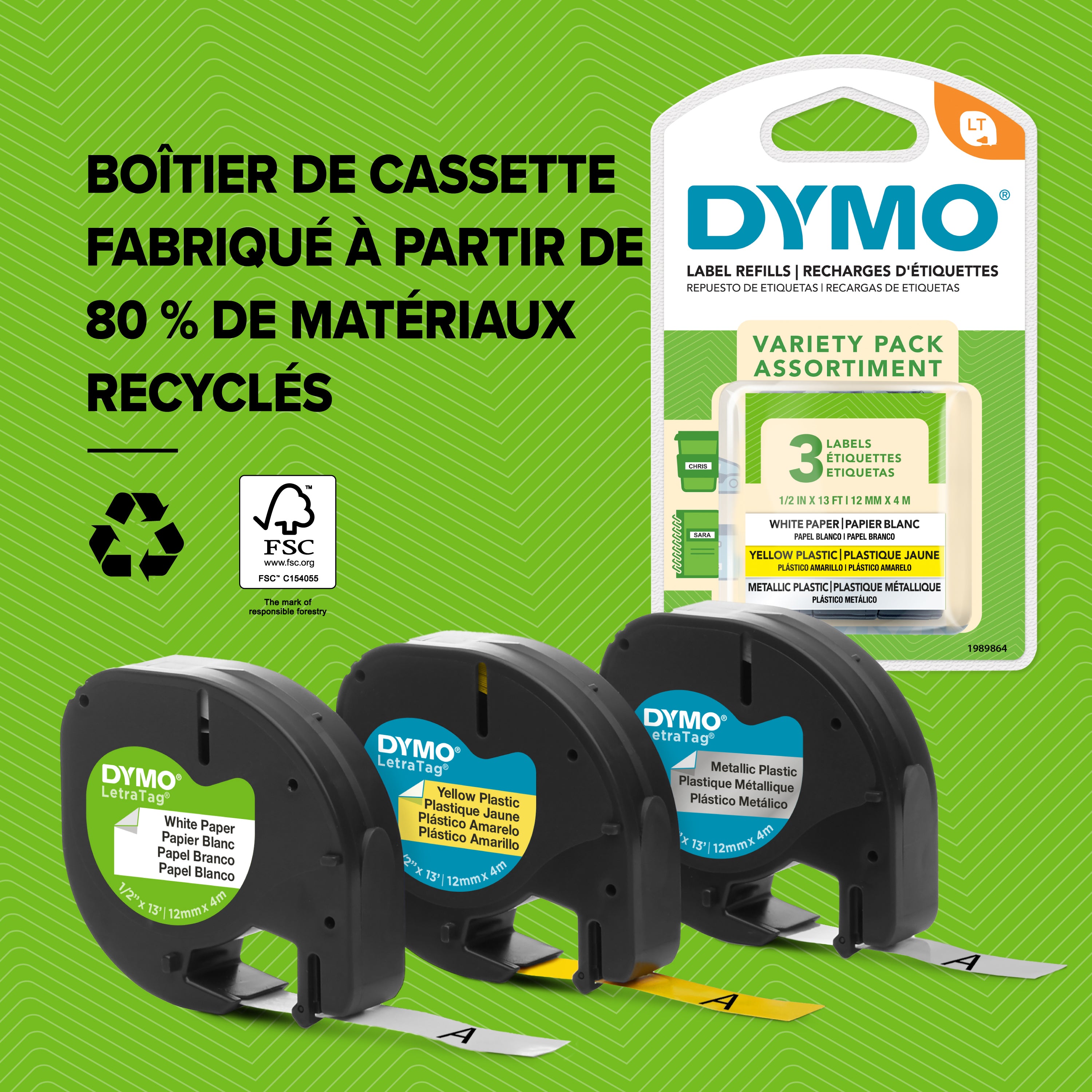 DYMO 3 rubans pour LetraTag 12 mm x 4 m