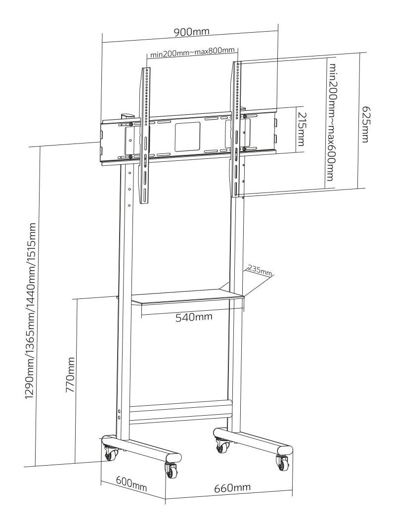 Techly ICA-TR74 Support TV mobile 50-90” jusqu'a 70kg étagere AV réglable