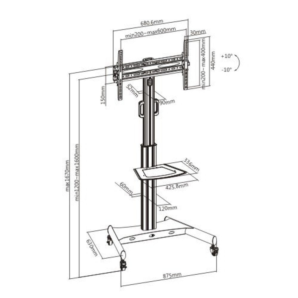 "Techly ICA-TR35 Support TV mobile 32-65"" jusqu'a 35kg étagere AV réglable"