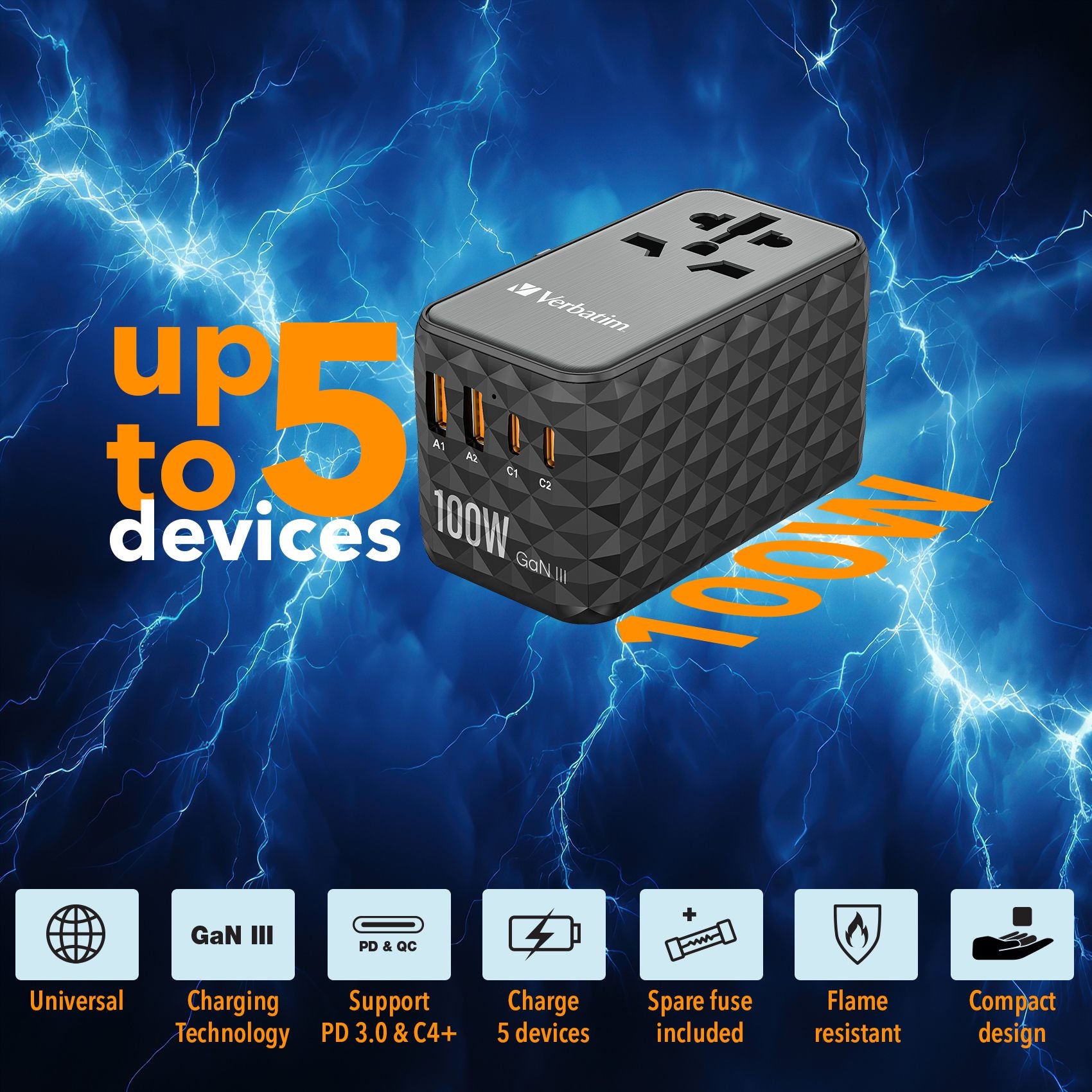 VERBATIM GAN III UNIVERSAL TRAVEL ADAPTER UTA-06 WITH 2 X USB-C PD 100W & QC 4+ / 2 X USB-A QC 3.00 WCF (P)