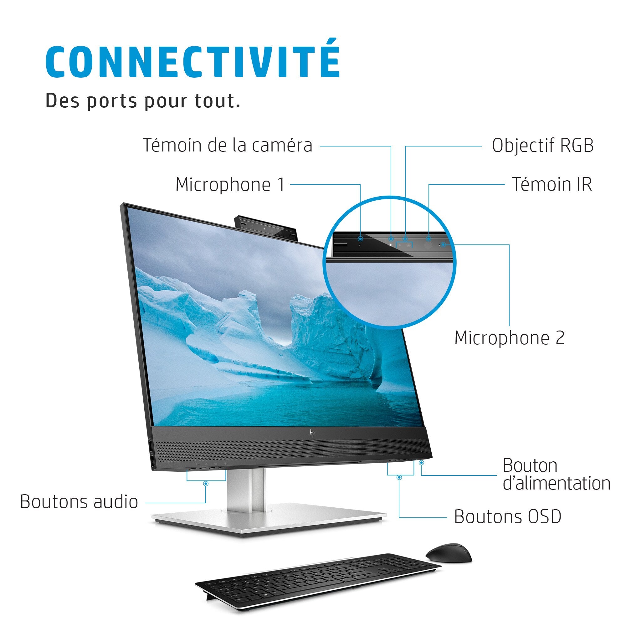 HP Écran de conférence E24mv G4 FHD avec webcam IR 5Mpx 23.8p Moniteur 24 FHD 1920x1080 HDMI VGA USB hub DisplayPort 3/3/0