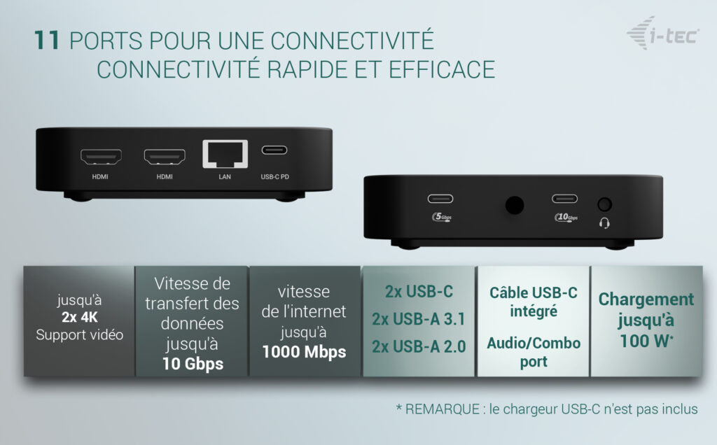 I-TEC USB-C Dual HDMI DS 2x HDMI 1x GLAN 2x USB-A 3.2 2x USB 2.0 1x USB-C Gen2 1x USB-C Gen1 1x Audio/Mic Jack 1x 100W USB-C PD