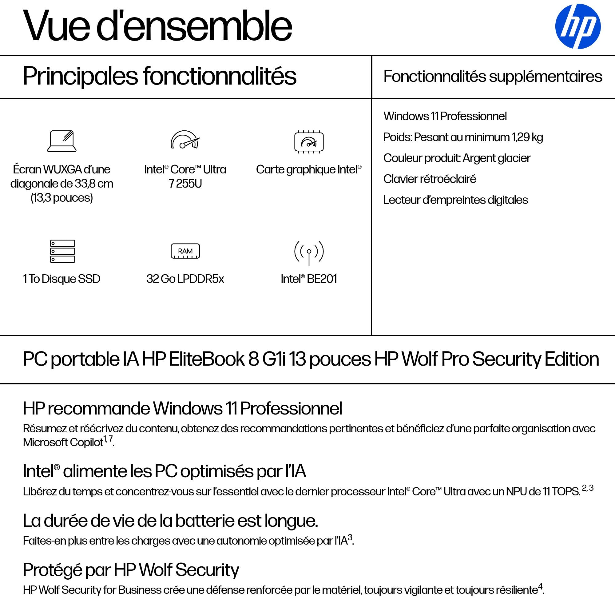 HP EliteBook 8 G1i IA Nouvelle génération Intel Core Ultra 7 255U 13.3p WUXGA 32Go 1To SSD UMA W11P Copilot + PC 3/3/0