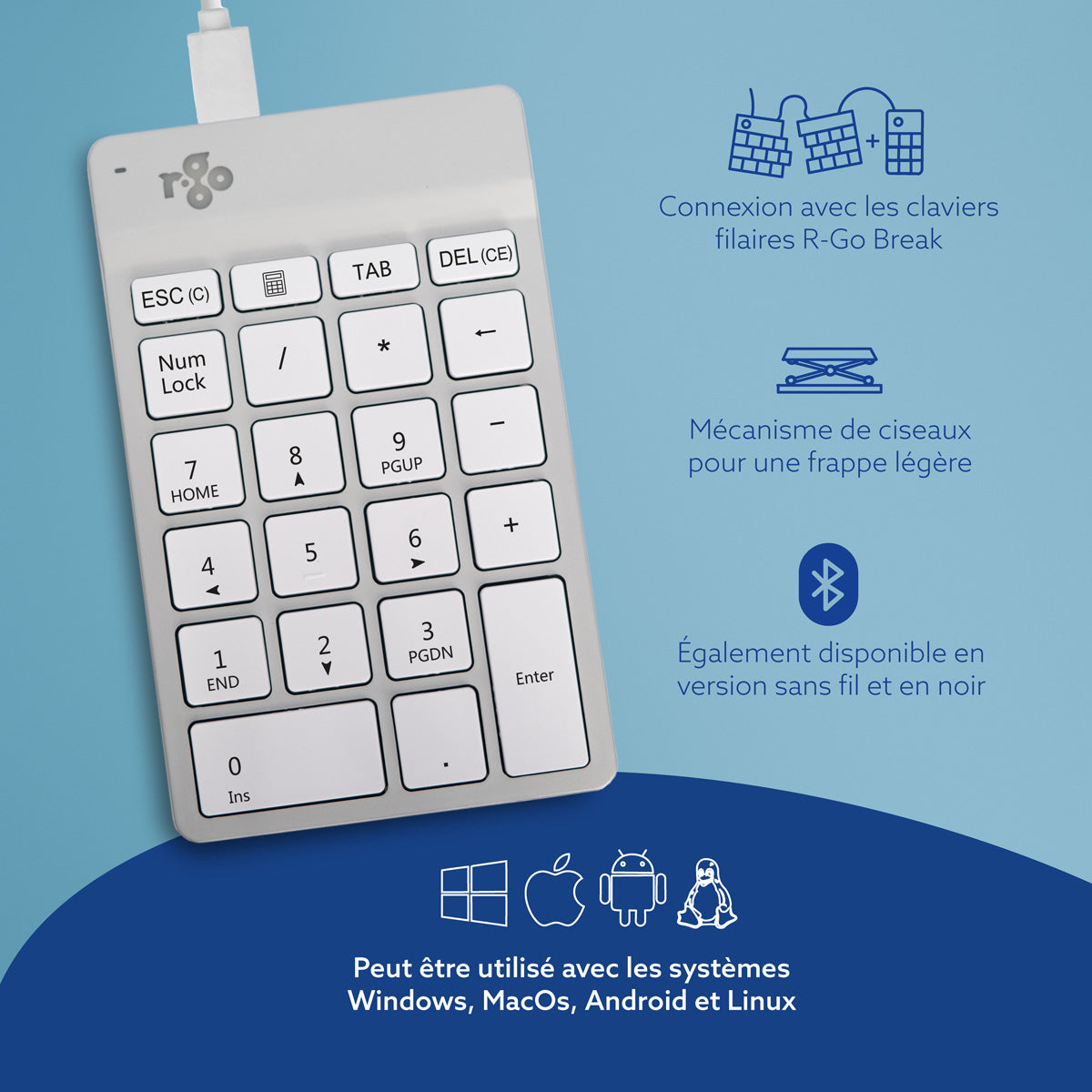 R-GO TOOLS Pavé numérique Numpad Break, filaire blanc/argent