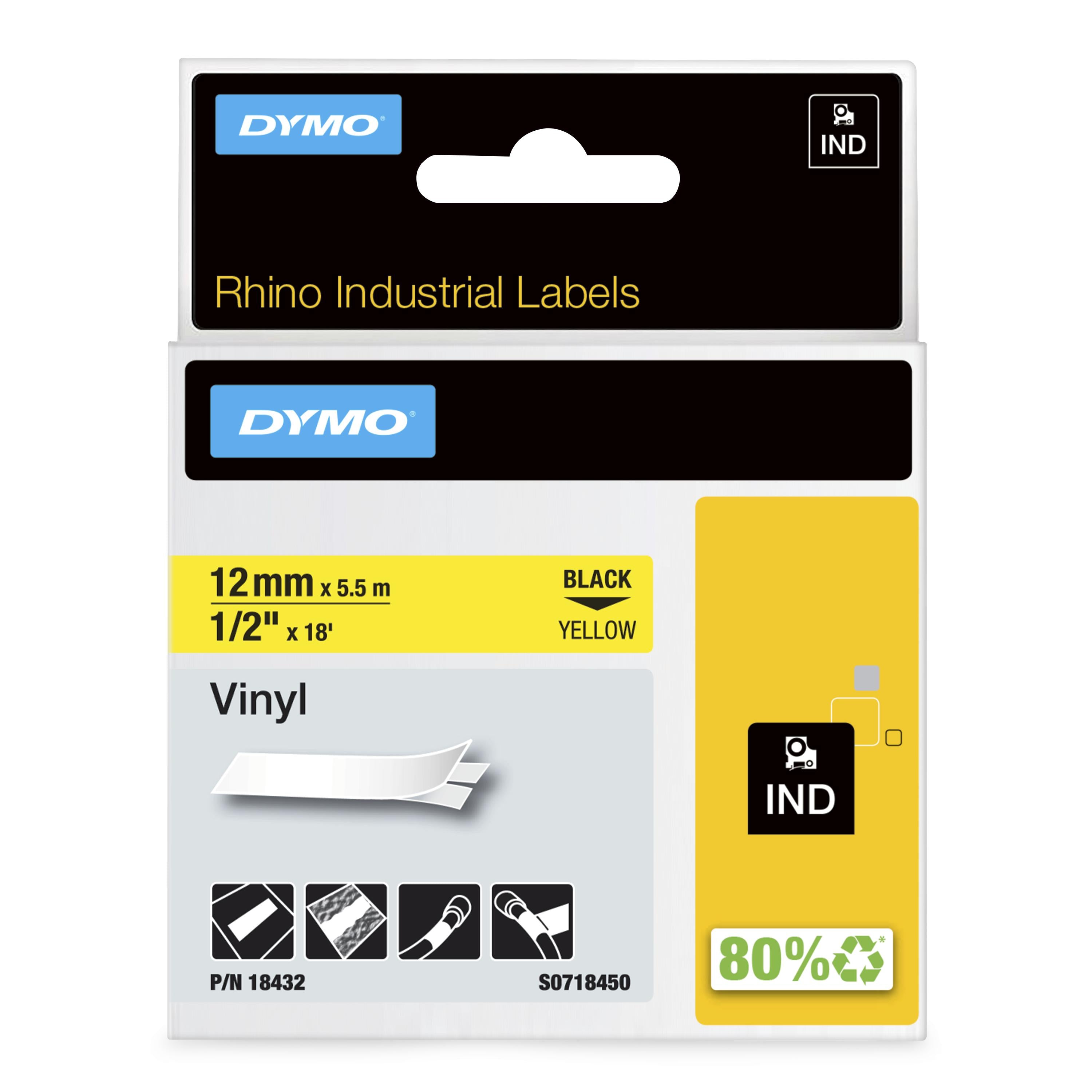 DYMO Rhino Etiquette industrielle Vinyle 12 mm x 5,5 m noir/jaune