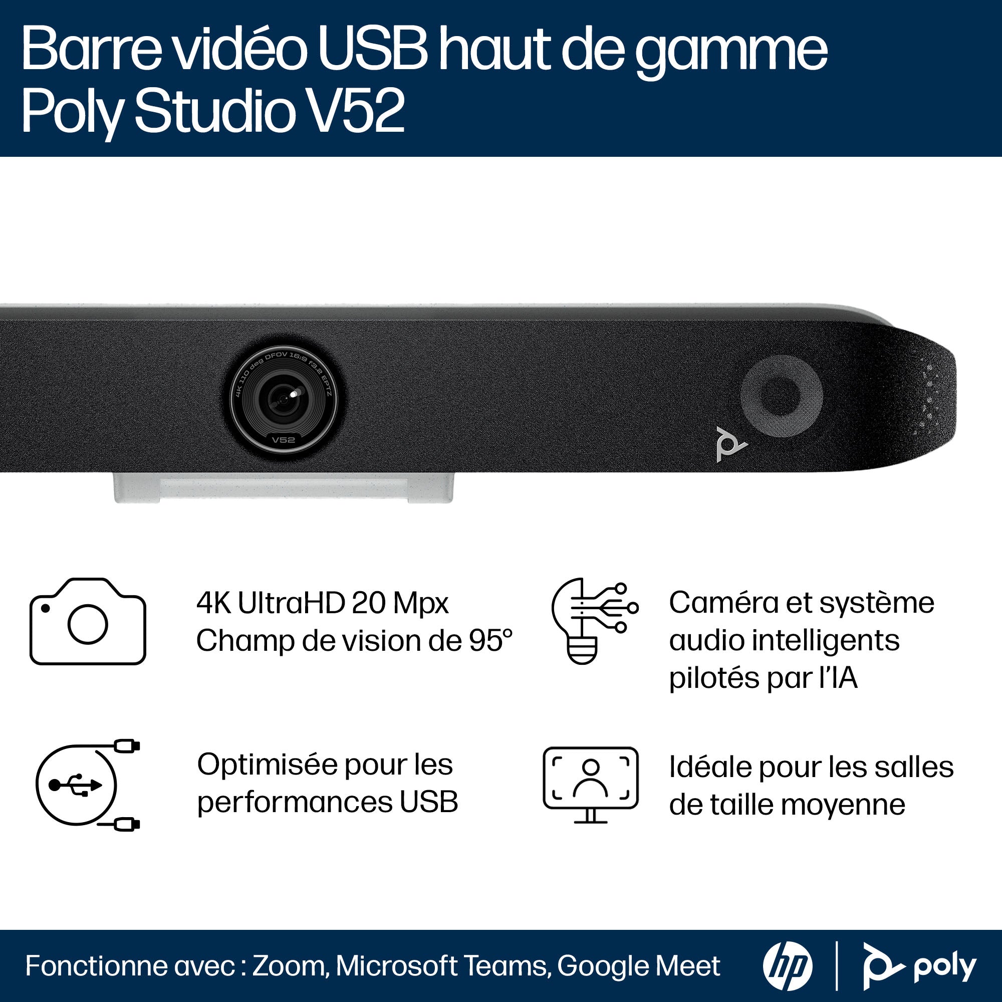 HP Poly Studio V52 USB Video Bar No Power Cord TAA No localization