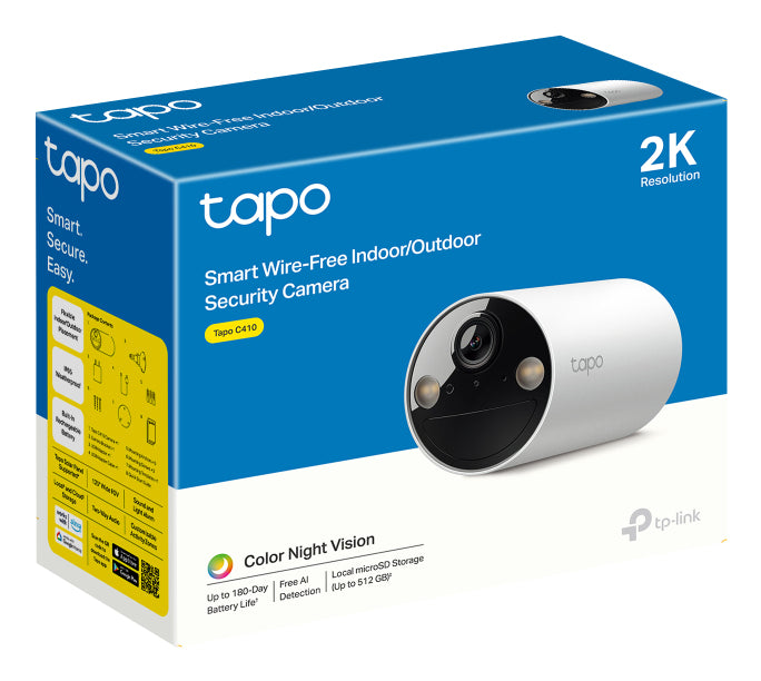 TP-LINK Smart Wire-Free Indoor/Outdoor Security Camera 2K 2304x1296 2.4GHz 6400mAh rechargeable lithium-ion battery
