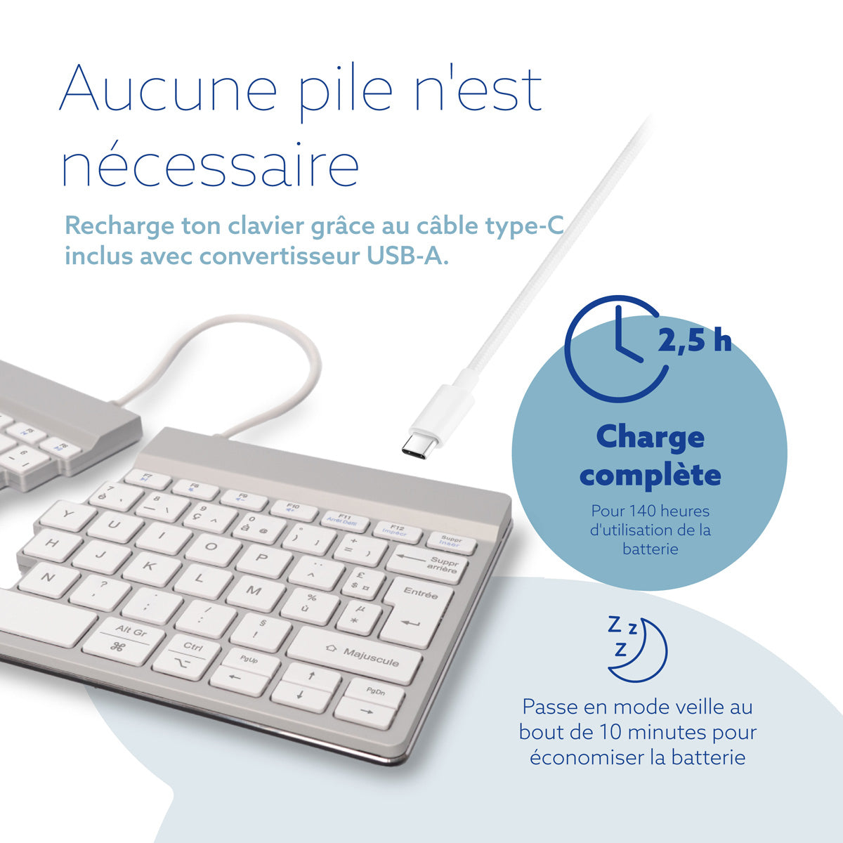 R-GO TOOLS Clavier ergo Split Break, divisé Bluetooth blanc