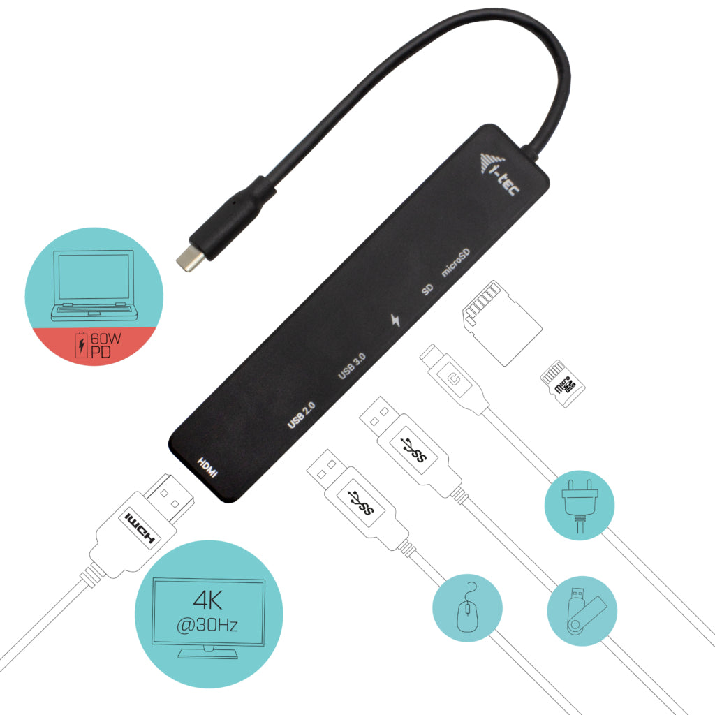 I-TEC USB-C Travel Easy Dock HDMI4K USB-C USB3.0 USB2.0 SD+microSD Card reader Power Delivery 60W 20cm USB-C Cable Sans Alimentation