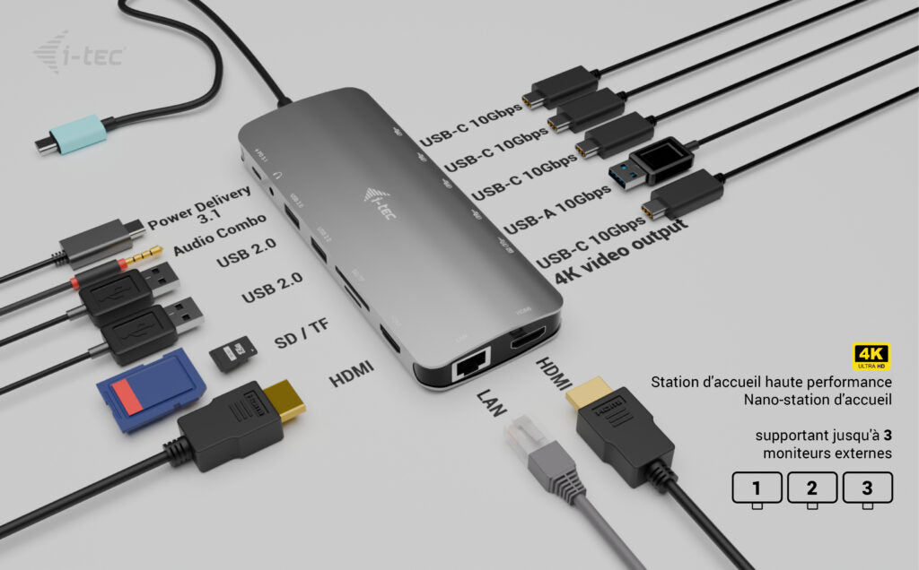 I-TEC USB-C Metal NanoDock 2xHDMI 1xUSB-C Video 1xGLAN 1xAudio/Mic 1xSD/microSD 1xUSB 3.2 3xUSB-C 3.2 Gen2 2xUSB 2.0 PD140W+charger