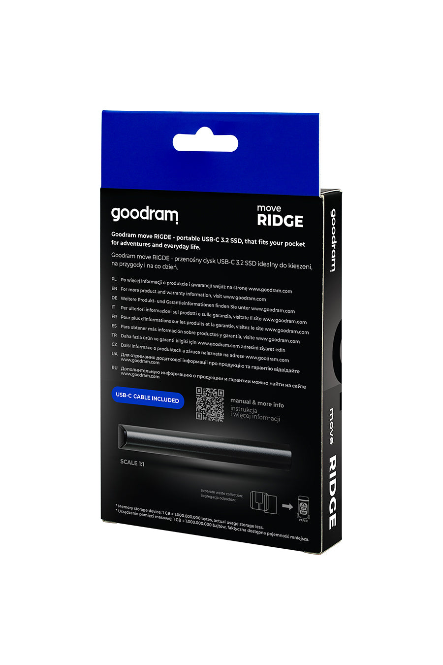 Goodram SSDR-GMRE-01T-K0 disque SSD externe 1 To 3.2 Gen 2 (3.1 Gen 2) Noir