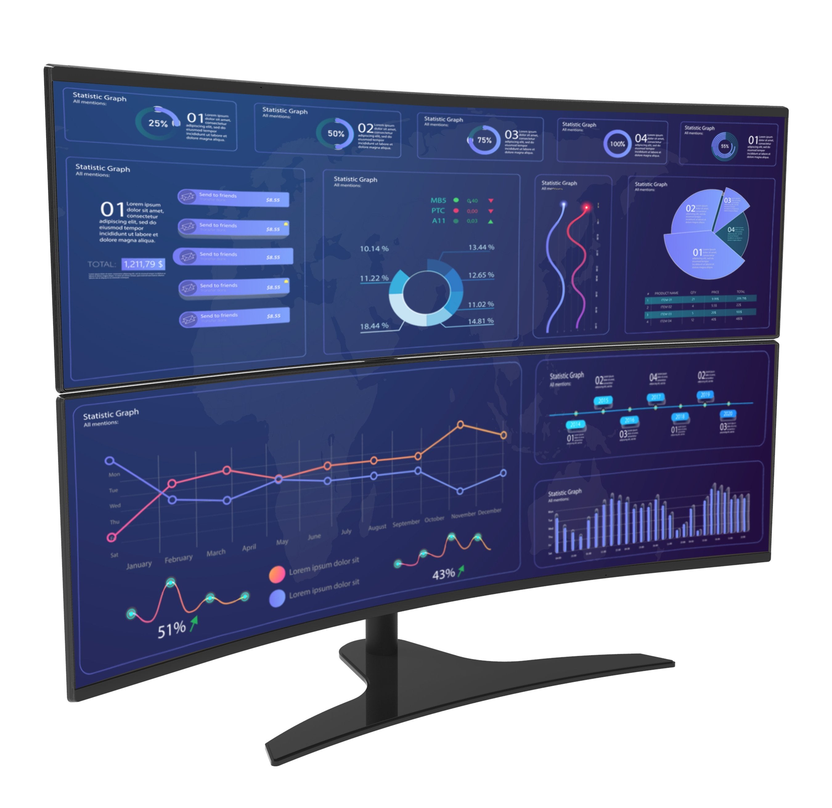 Peerless 1x2 Freestanding Desktop Stand for 24in to 49in UltraWide Curved Monitors Black