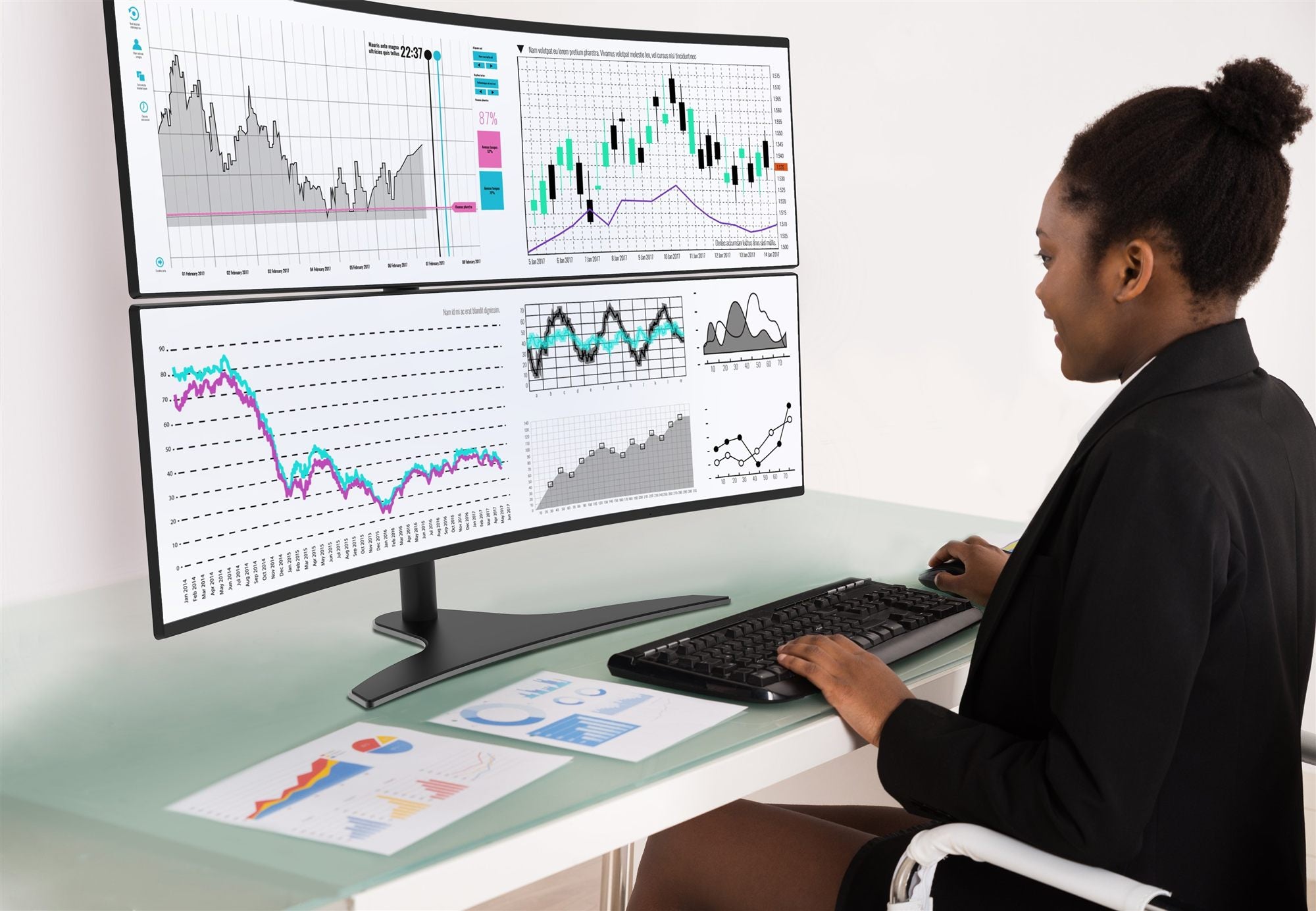 Peerless 1x2 Freestanding Desktop Stand for 24in to 49in UltraWide Curved Monitors Black