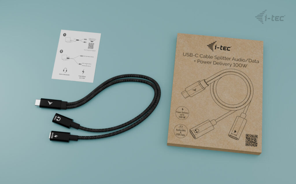 I-TEC USB-C Cable Splitter Audio/Data 1x USB-C PD input 100W 1x USB-C 2.0 for audio/mic or data 480Mbps Power Delivery 100W
