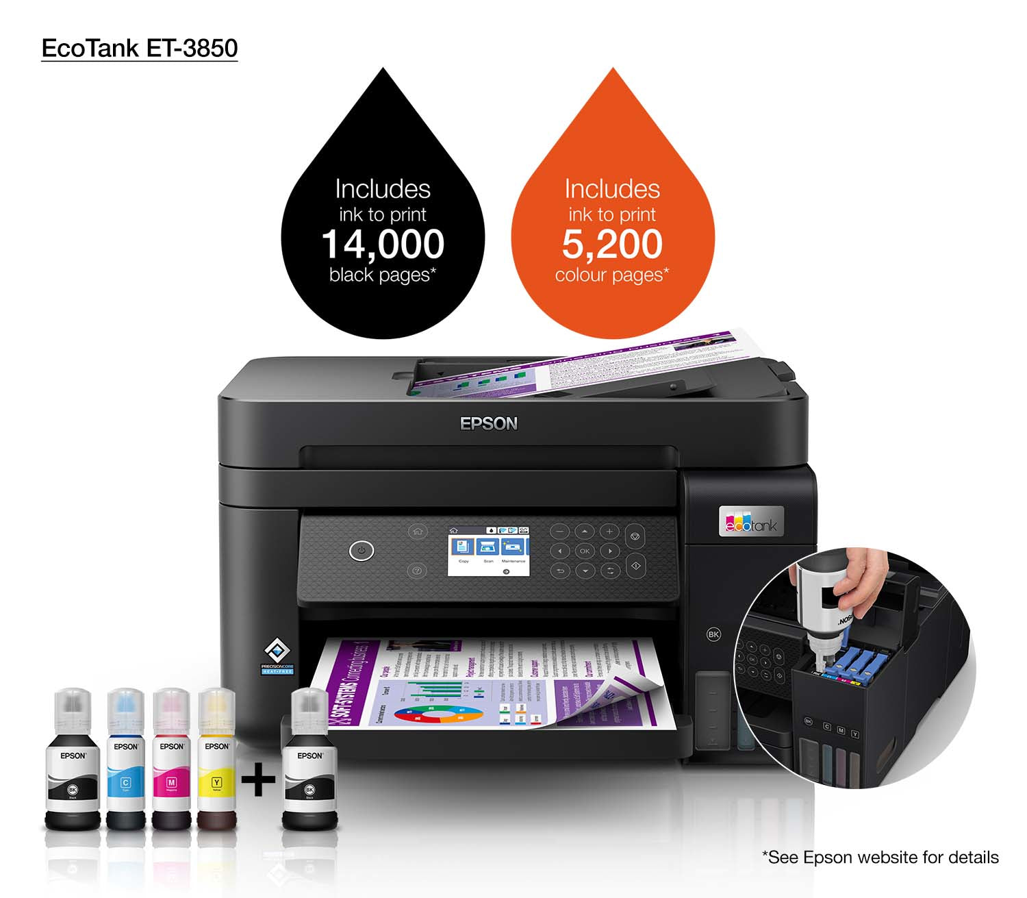 ***EPSON EcoTank ET-3850 Multifonction Jet d'encre couleur A4 rechargeable 15ppm