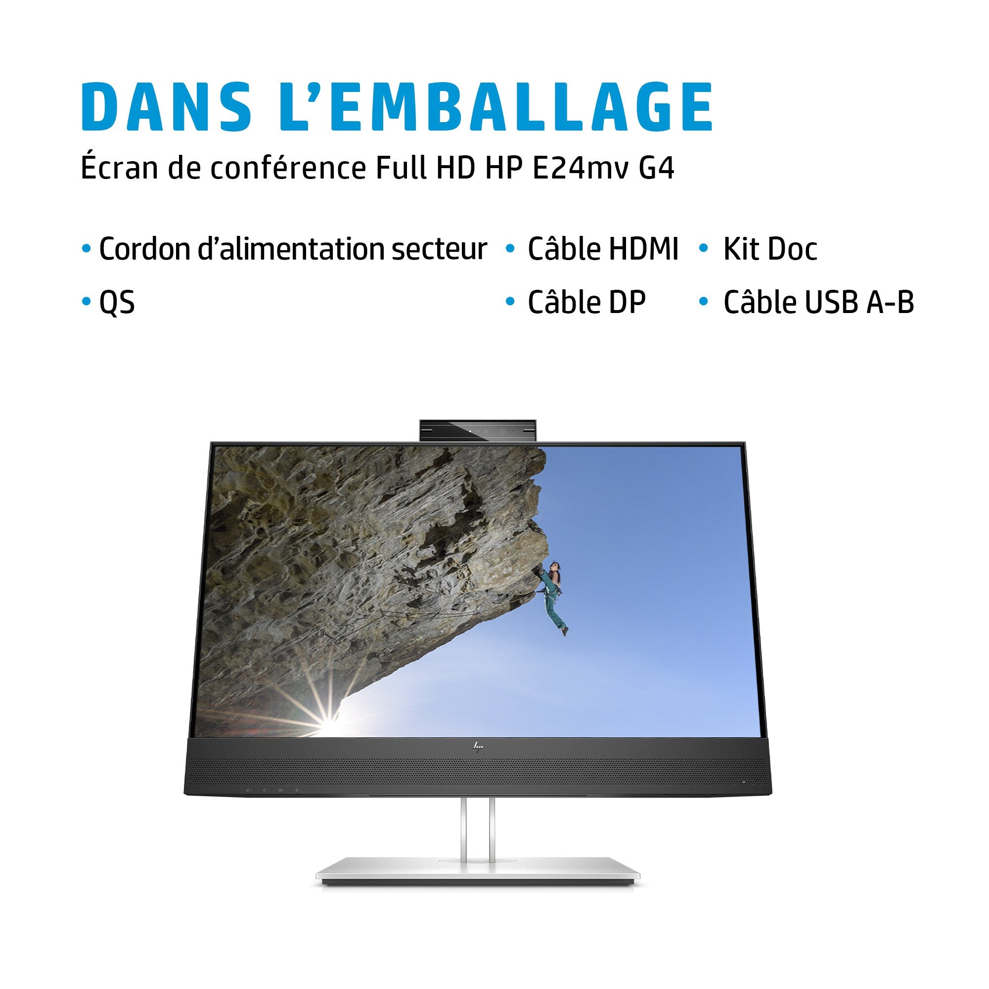 HP Écran de conférence E24mv G4 FHD avec webcam IR 5Mpx 23.8p Moniteur 24 FHD 1920x1080 HDMI VGA USB hub DisplayPort 3/3/0