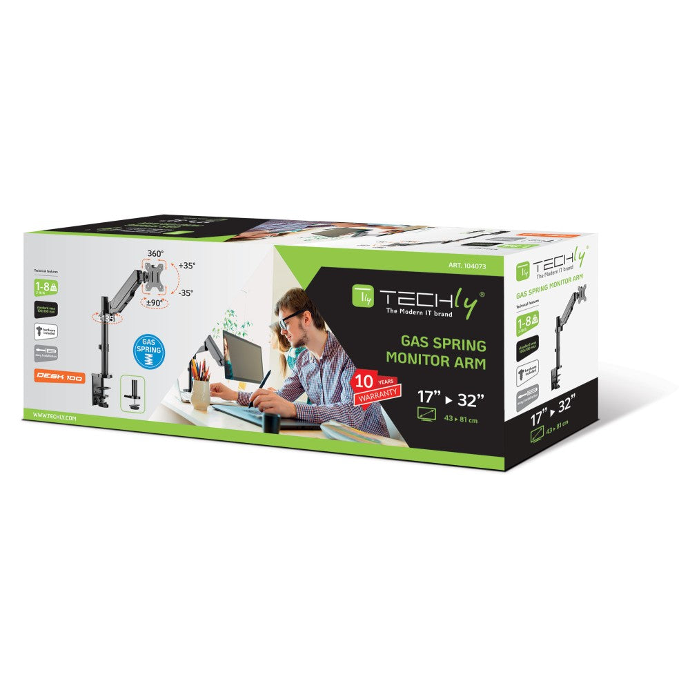 "Support de bureau a ressort a gaz Techly ICA-LCD 515B pour moniteurs LCD de 17 a 32"", 8 kg"