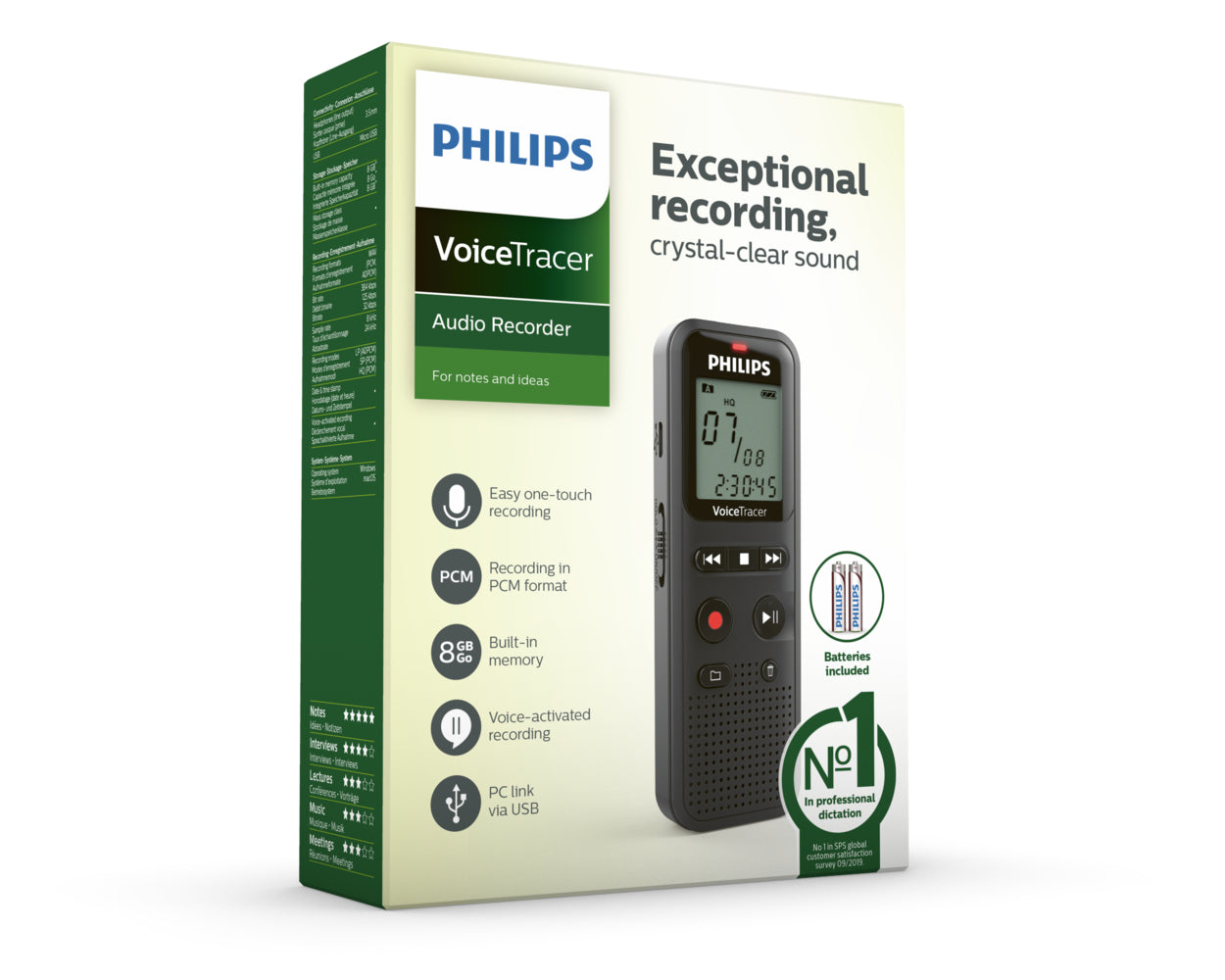 PHILIPS Dictaphone VoiceTracer DVT1160 : Optimisé pour les notes 8Go, Mono, Noir