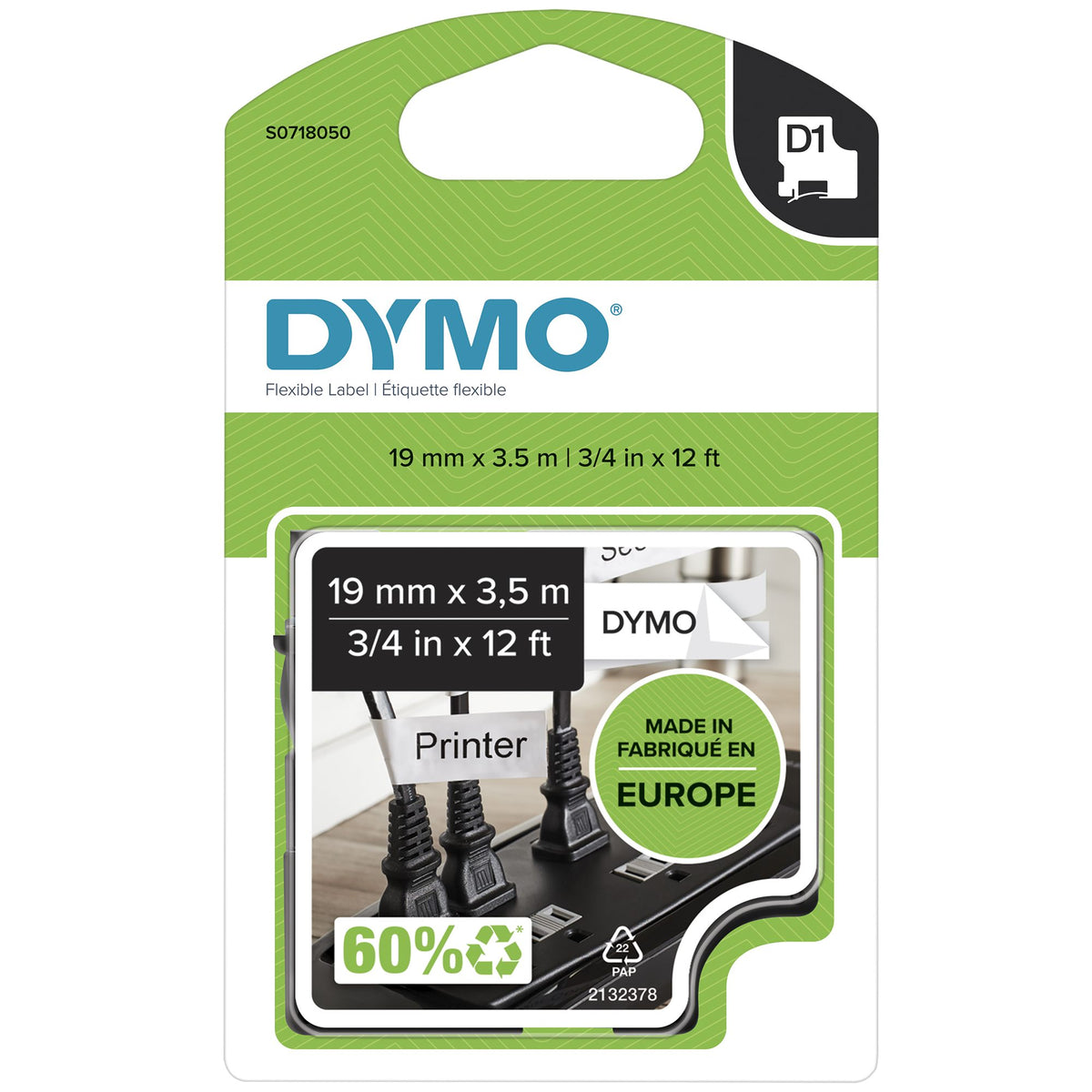 Ruban dymo D1 haute performance 19mm noir sur blanc