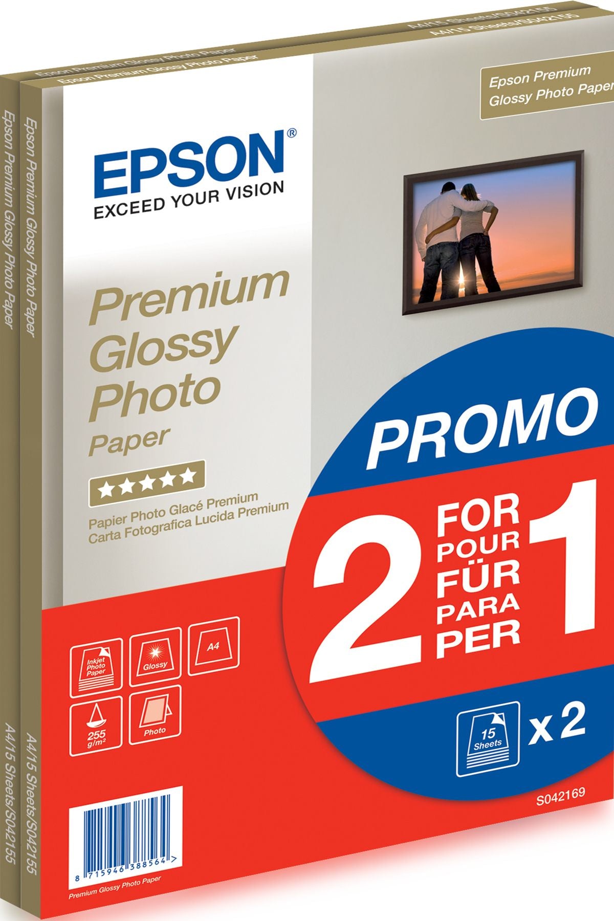 EPSON PREMIUM brillant photo  papier inkjet 255g/m2 A4 2x15 feuilles pack de 1 BOGOF