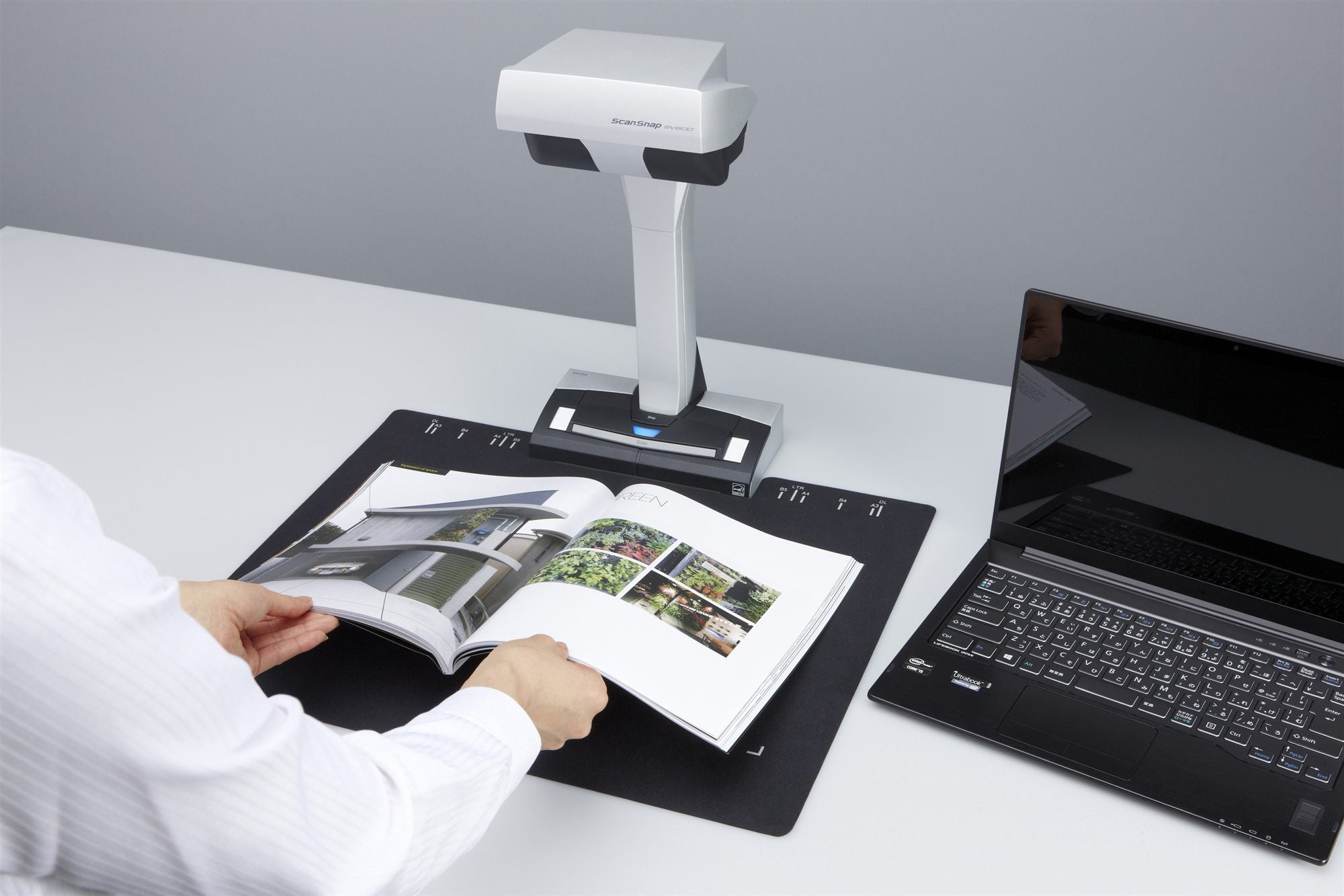 RICOH ScanSnap SV600 Contactless overhead document scanner capable of scanning A8 to A3 documents up to 30mm depth. Includes USB 2