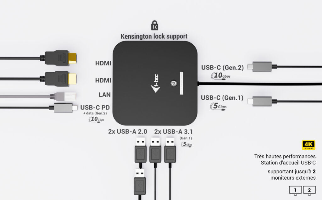 I-TEC USB-C Dual HDMI DS 2xHDMI 1xGLAN 2xUSB-A 3.2 2xUSB 2.0 1xUSB-C Gen2 1xUSB-C Gen1 1xAudio/Mic Jack 1x100W USB-C PD+Charger 100W