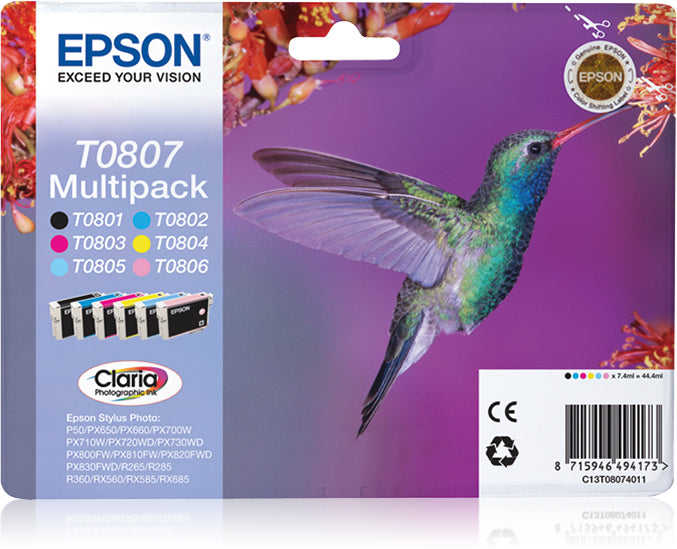 EPSON 3LB T0807 ink cartridge black and five colour standard capacity black and colour: 7.4ml 6-pack RF-AM blister w/s